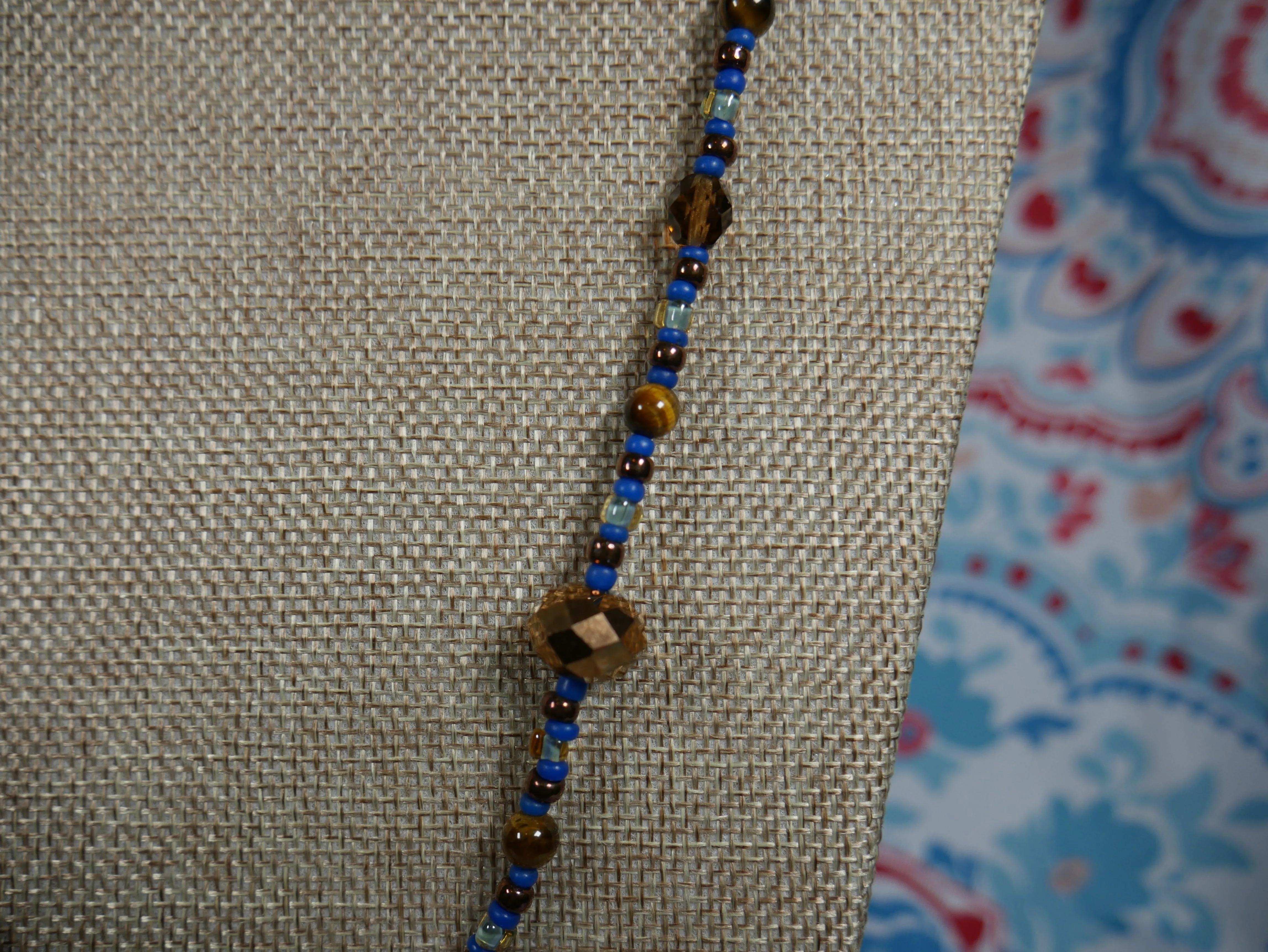 Bronze, Coppery, Brown and Blue Ocean-Themed Beaded Necklace with Tiger Eye and Seahorse Pendant