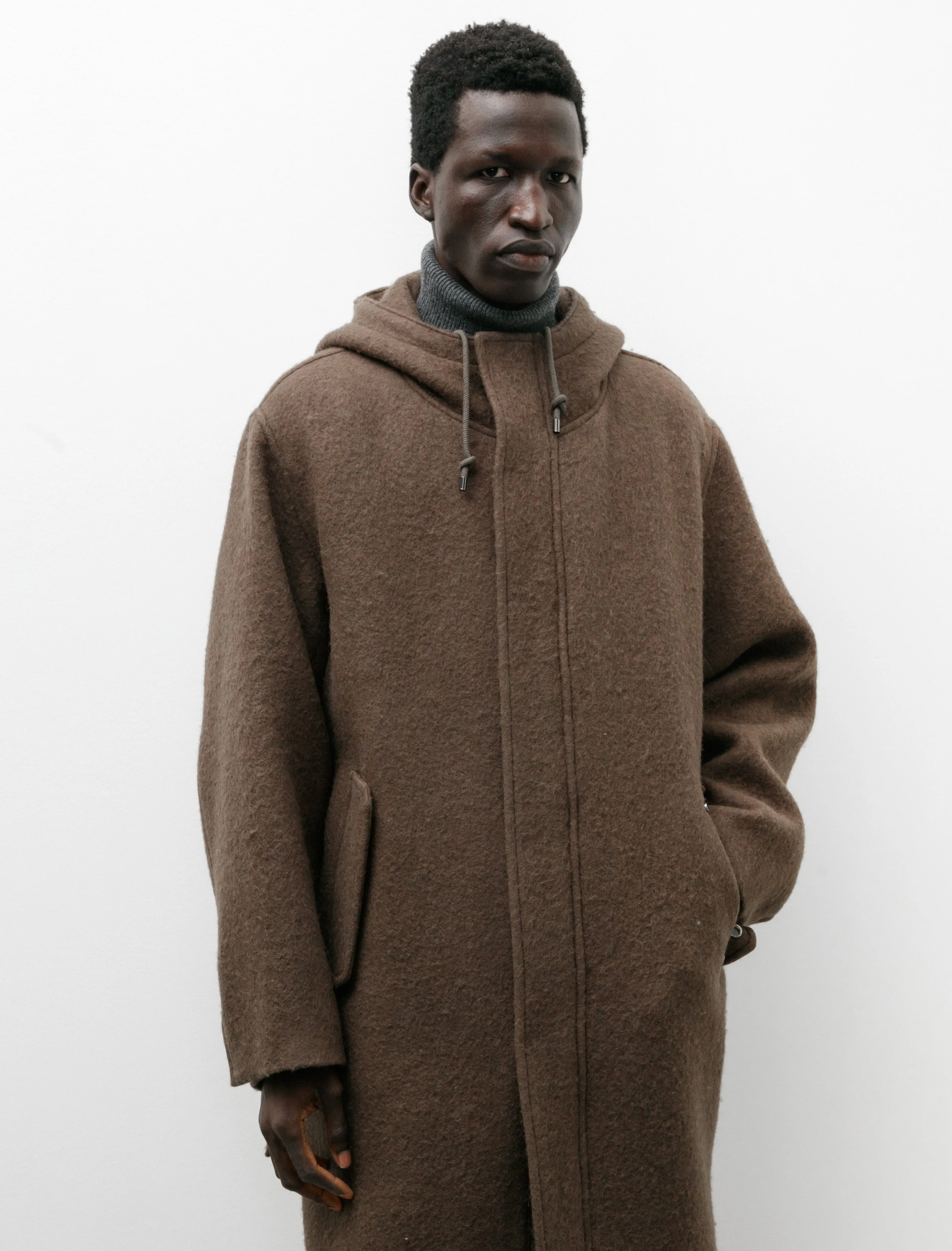 Brushed Alpaca Wool Melton Hooded Coat Dark Olive