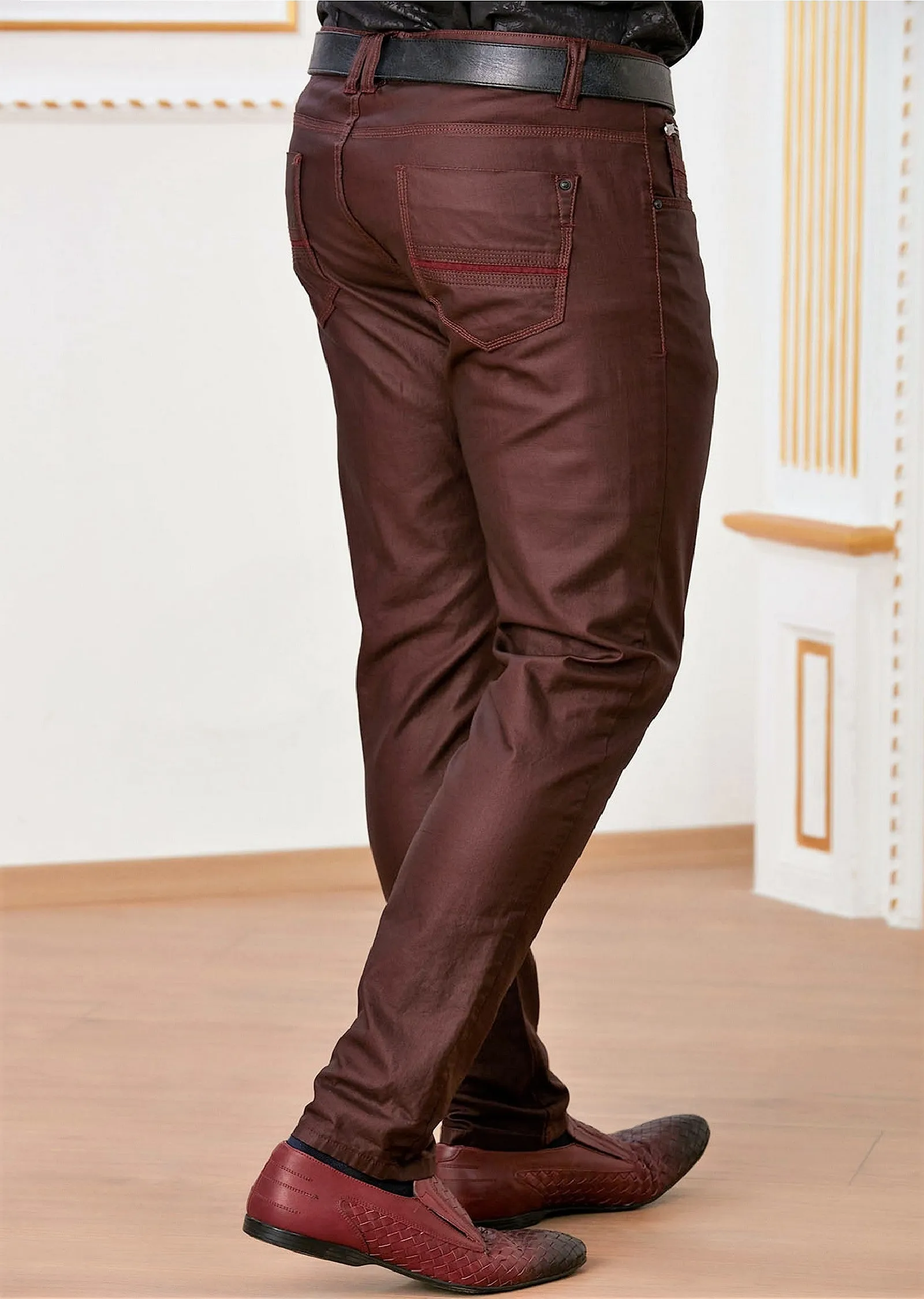 Burgundy Zipper Waxed Pants