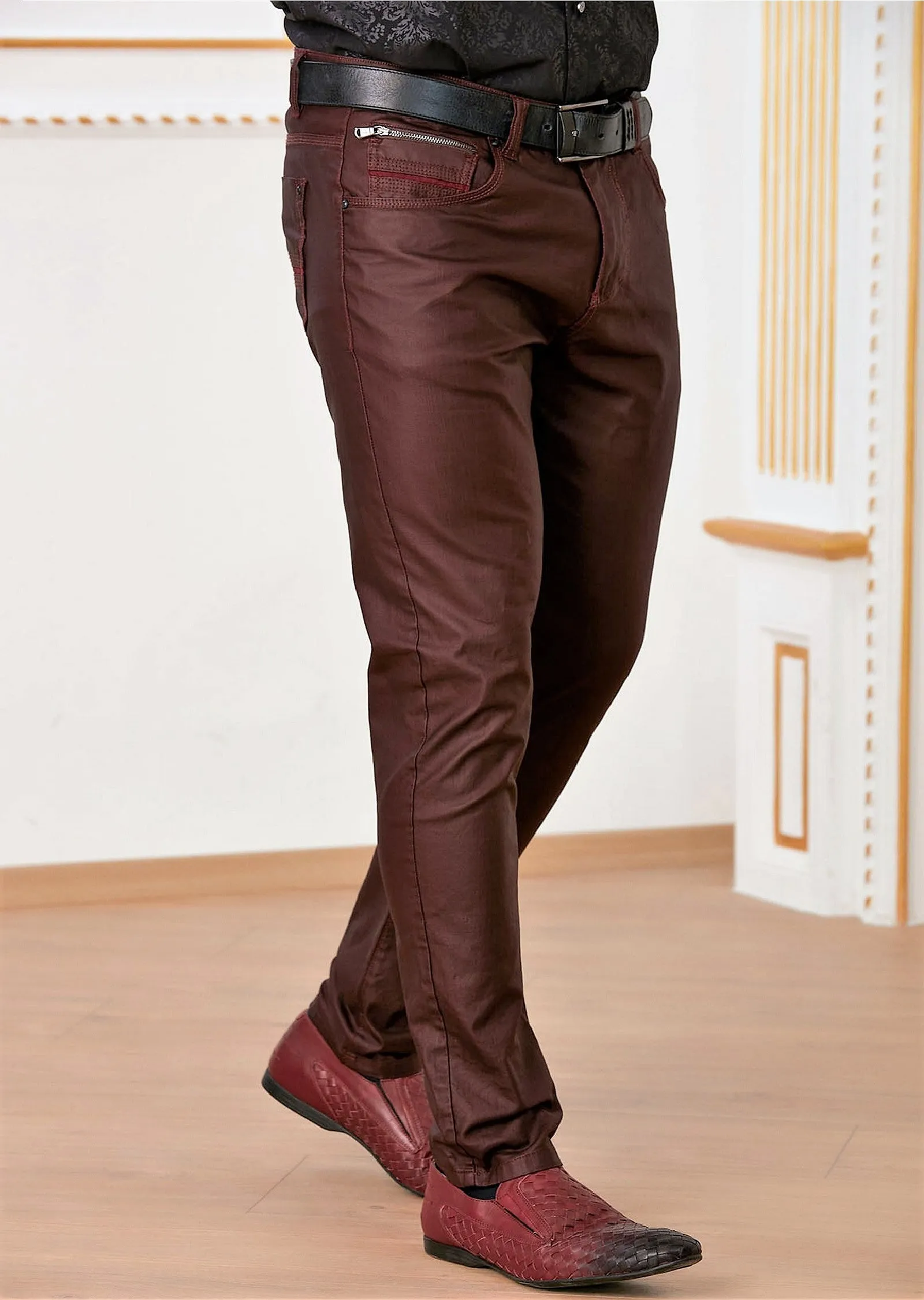 Burgundy Zipper Waxed Pants