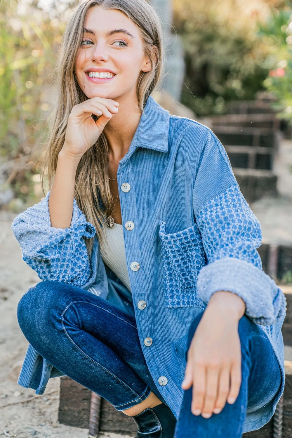 Button Down Corduroy Contrast Texture Long Sleeve Shacket