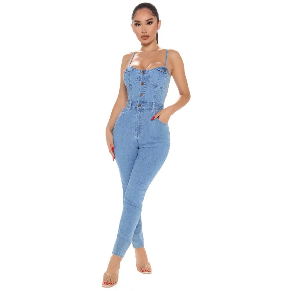 Button Front Bustier Slant Pocket Cami Denim Jumpsuit