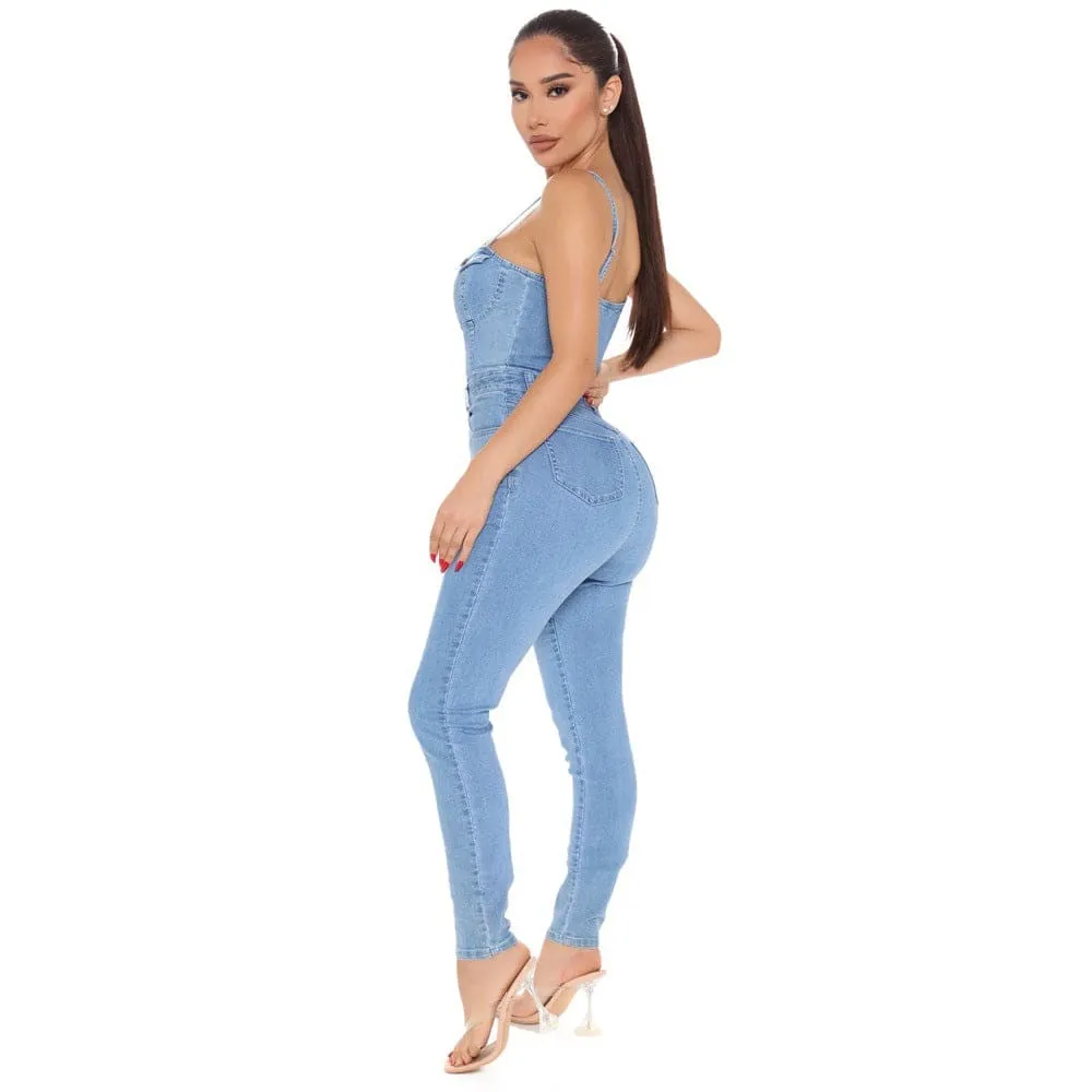 Button Front Bustier Slant Pocket Cami Denim Jumpsuit