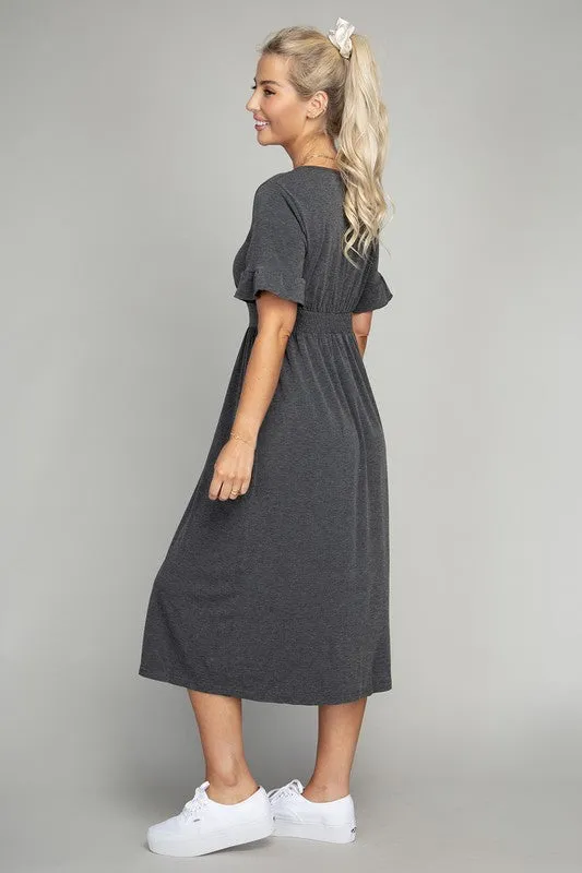 Button Trim Knit Midi Dress