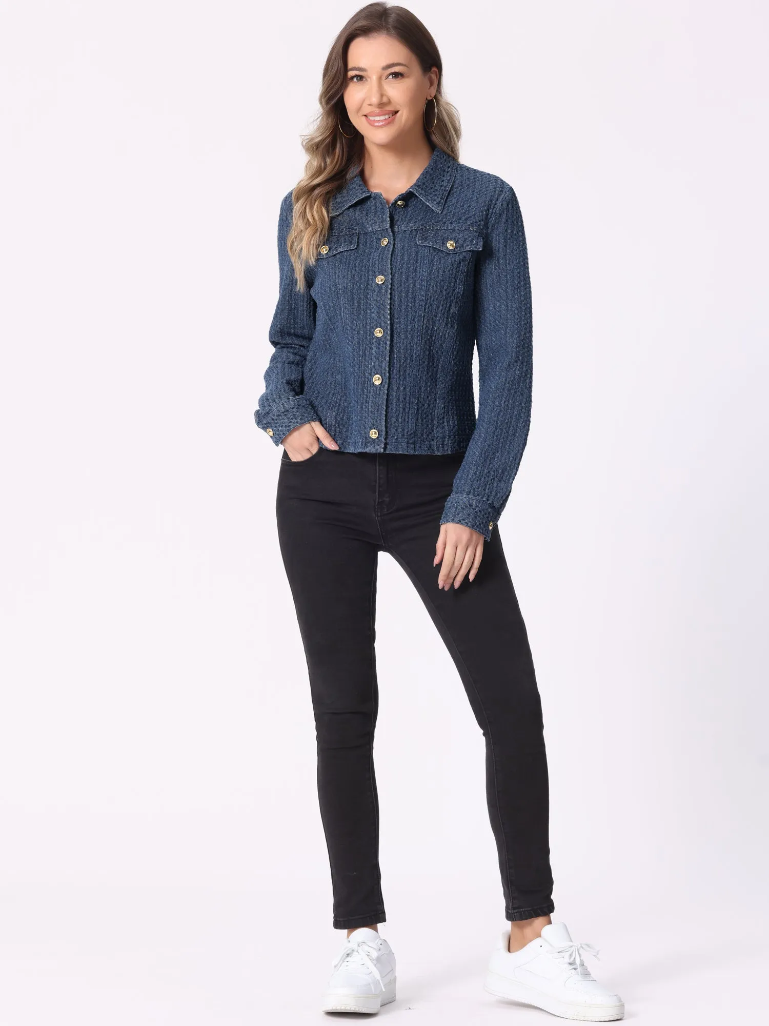 Button Up Long Sleeve Texture Washed Casual Denim Jacket