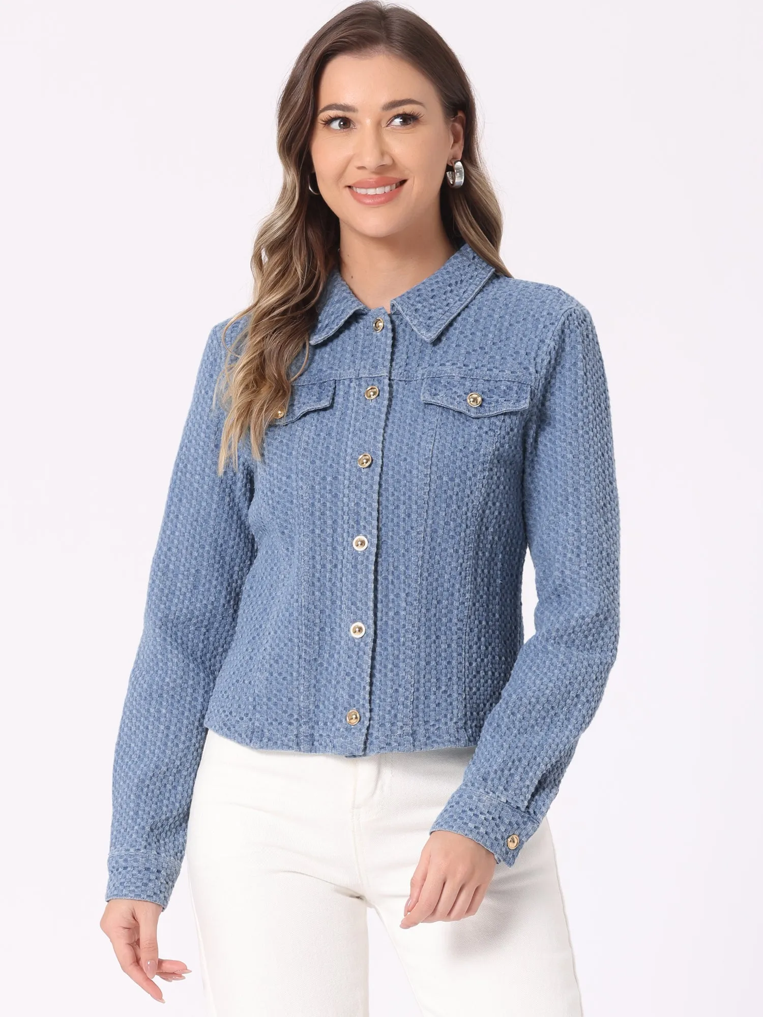 Button Up Long Sleeve Texture Washed Casual Denim Jacket