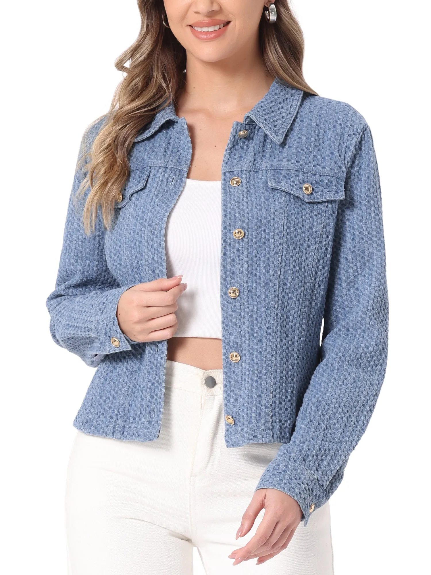 Button Up Long Sleeve Texture Washed Casual Denim Jacket