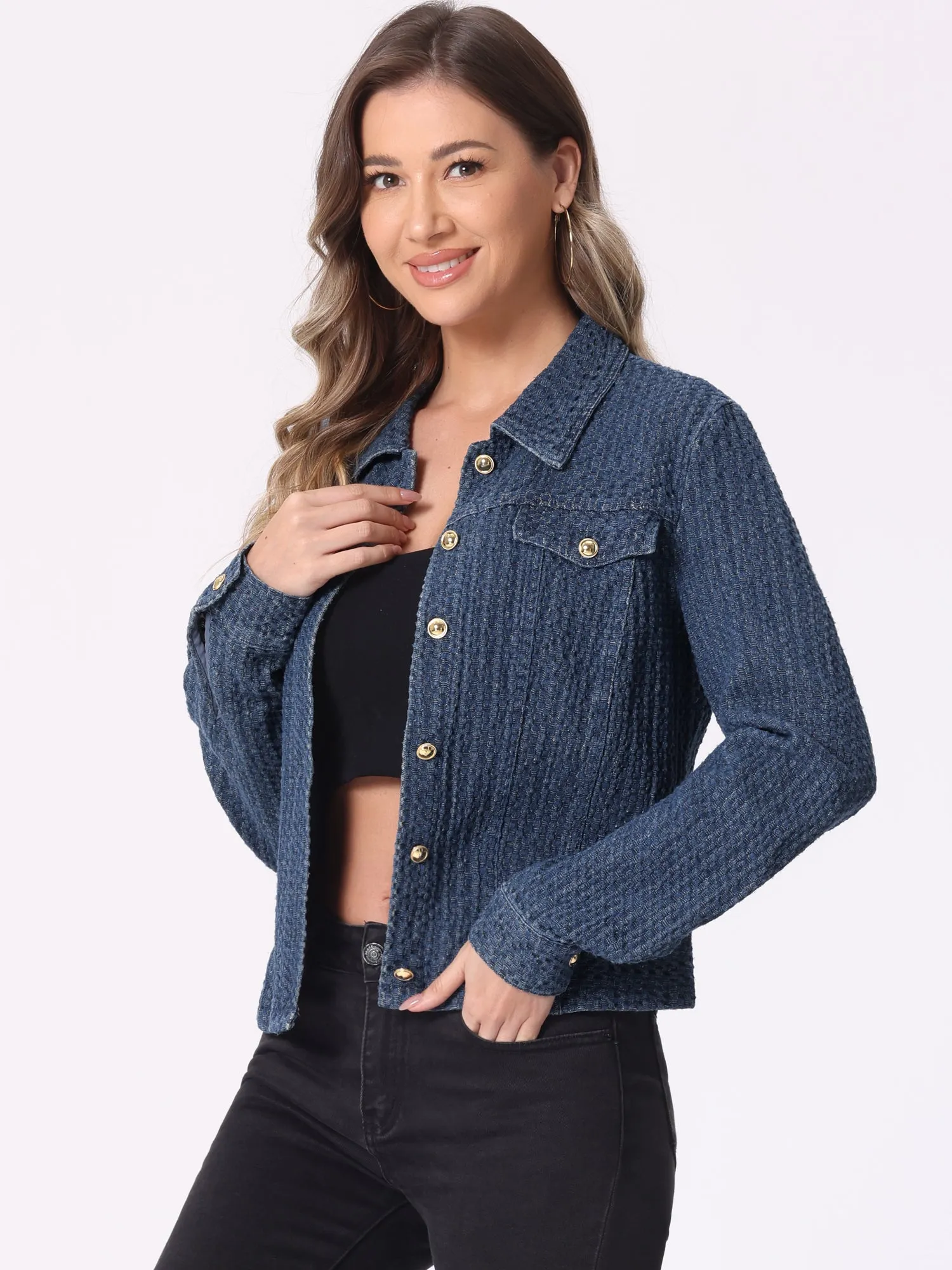 Button Up Long Sleeve Texture Washed Casual Denim Jacket