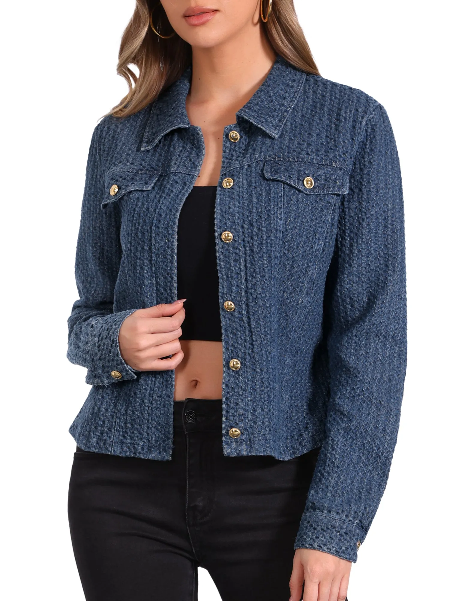 Button Up Long Sleeve Texture Washed Casual Denim Jacket