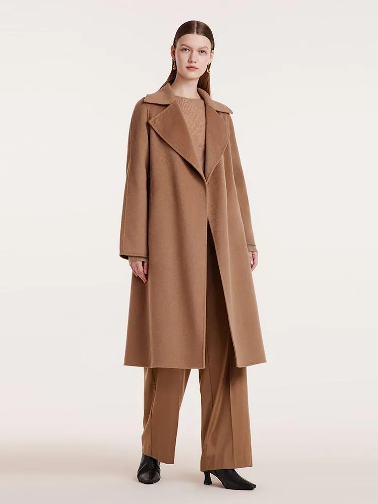 Camel Pure Cashmere Lapel Women Coat