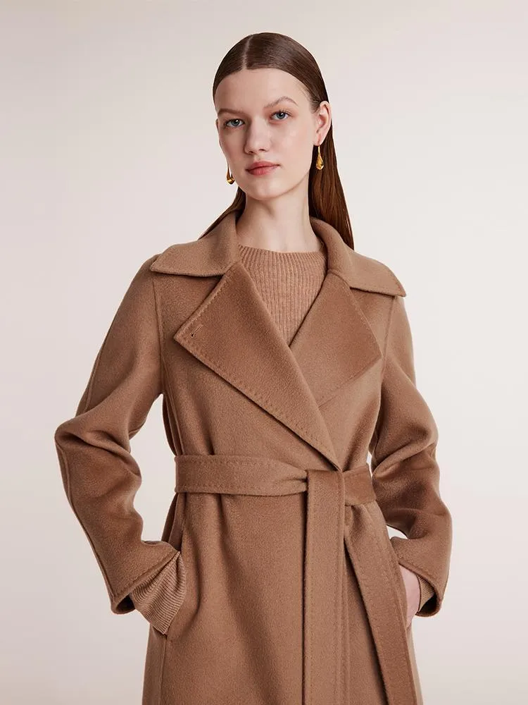 Camel Pure Cashmere Lapel Women Coat