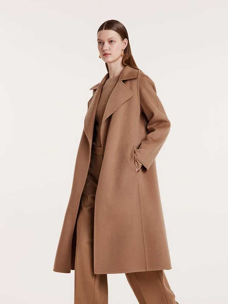 Camel Pure Cashmere Lapel Women Coat