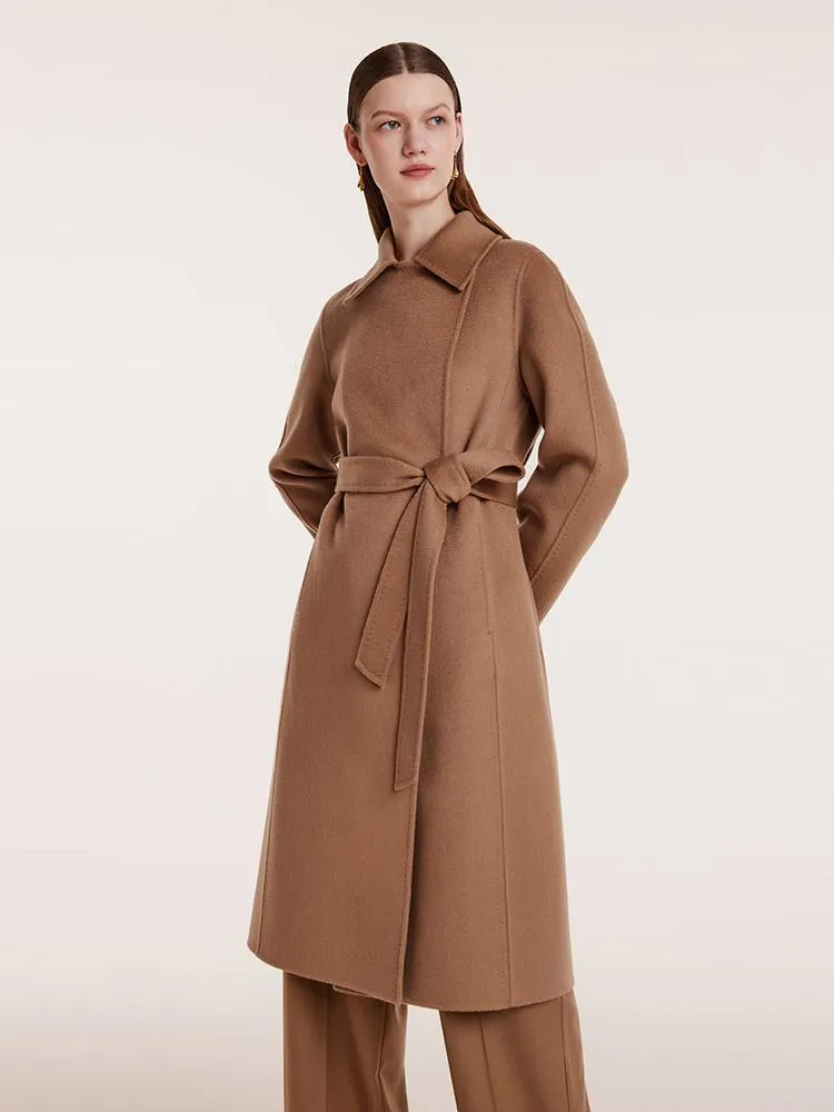 Camel Pure Cashmere Lapel Women Coat