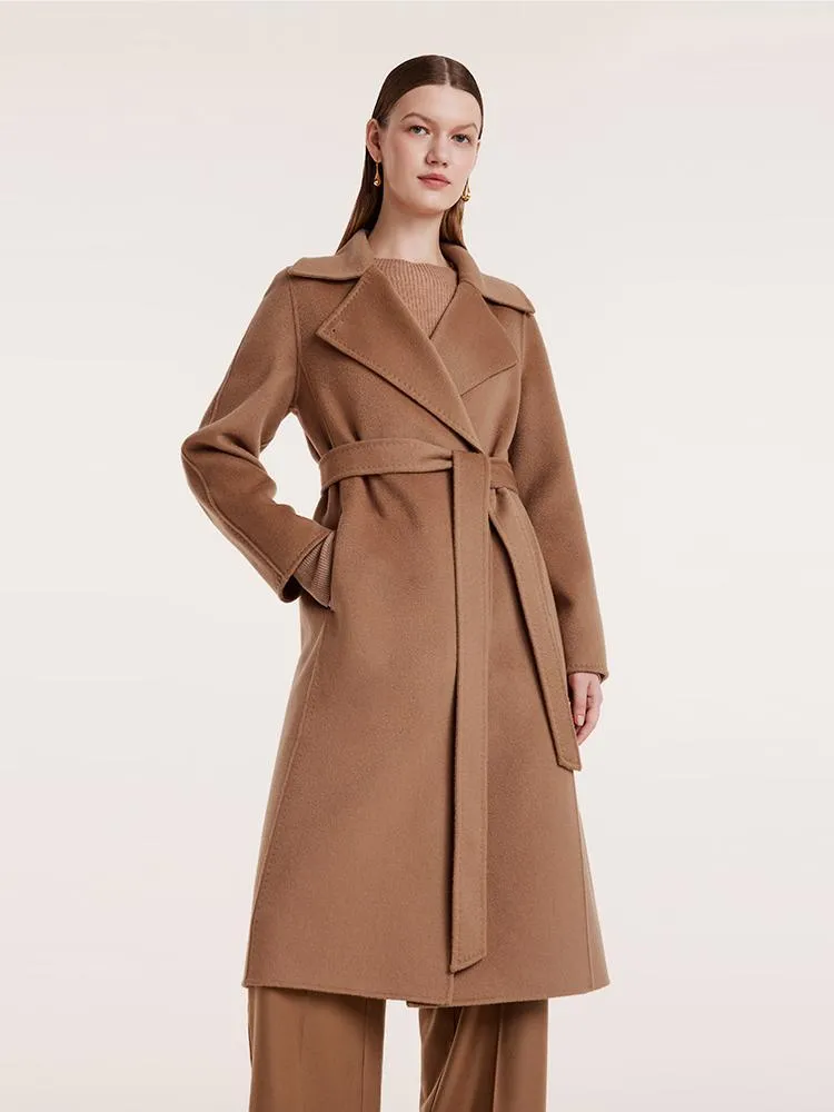 Camel Pure Cashmere Lapel Women Coat