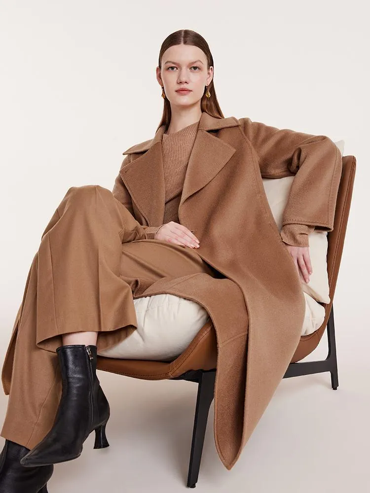 Camel Pure Cashmere Lapel Women Coat