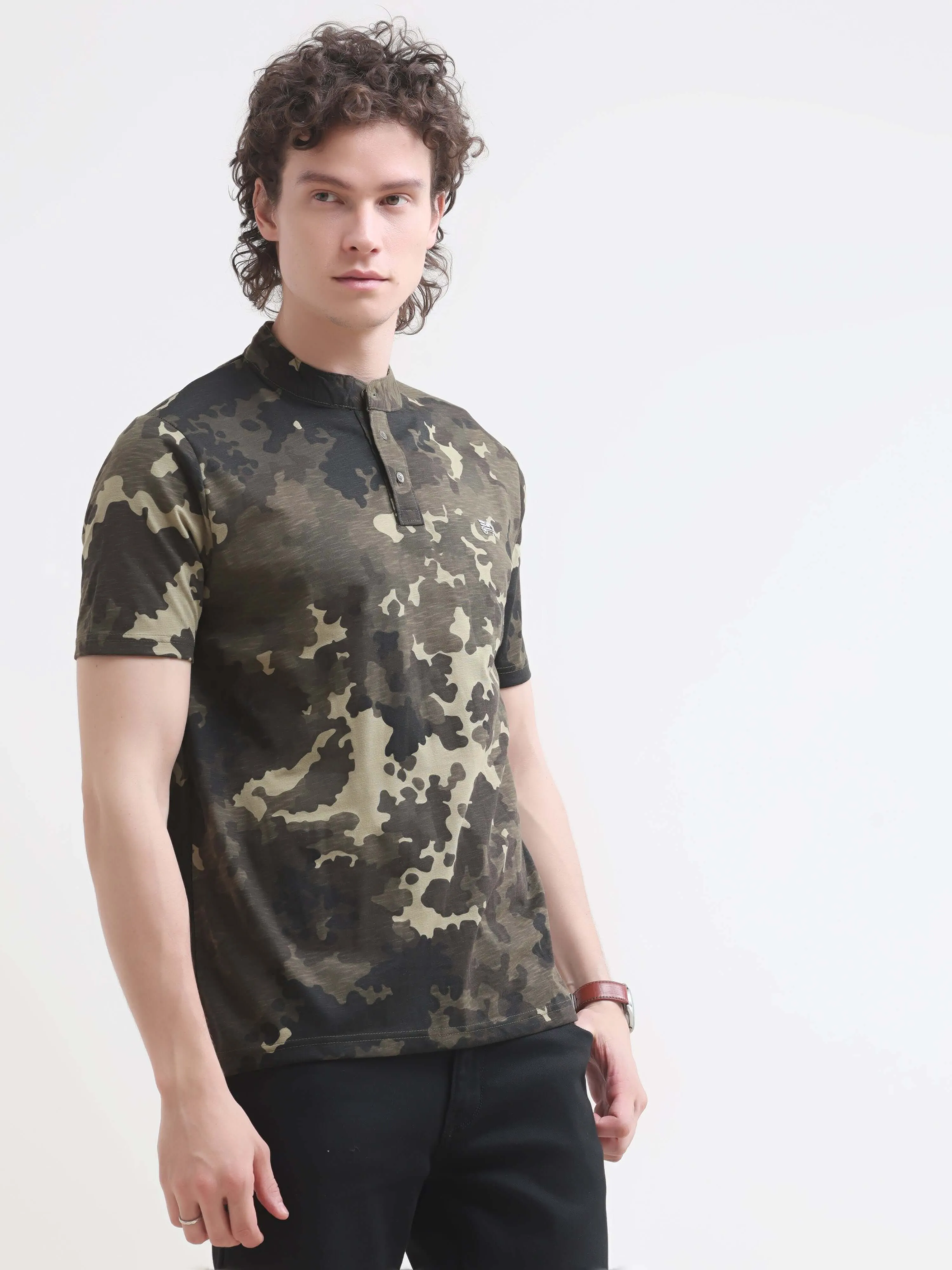 Camo OIive Henley T-shirt