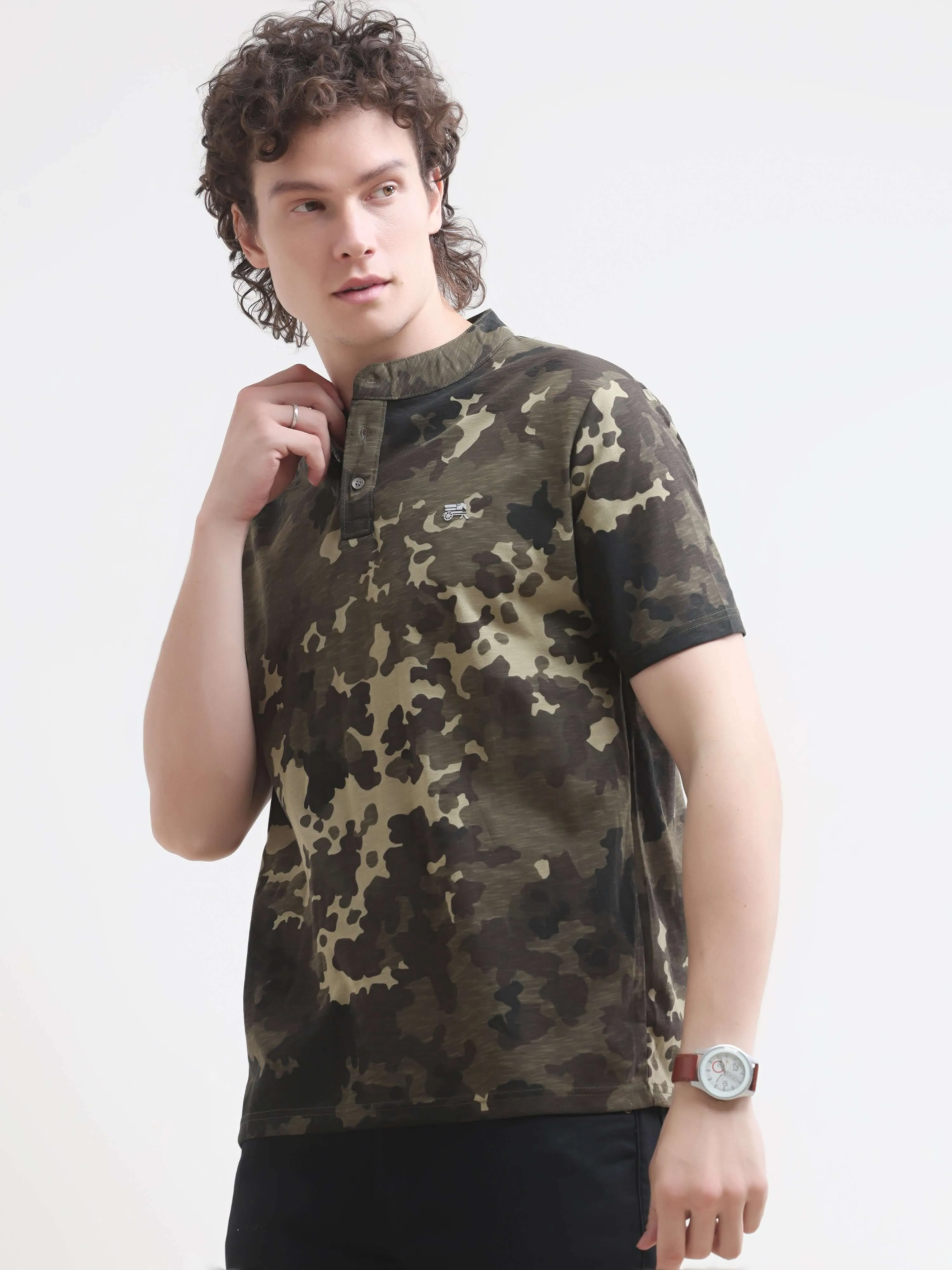 Camo OIive Henley T-shirt