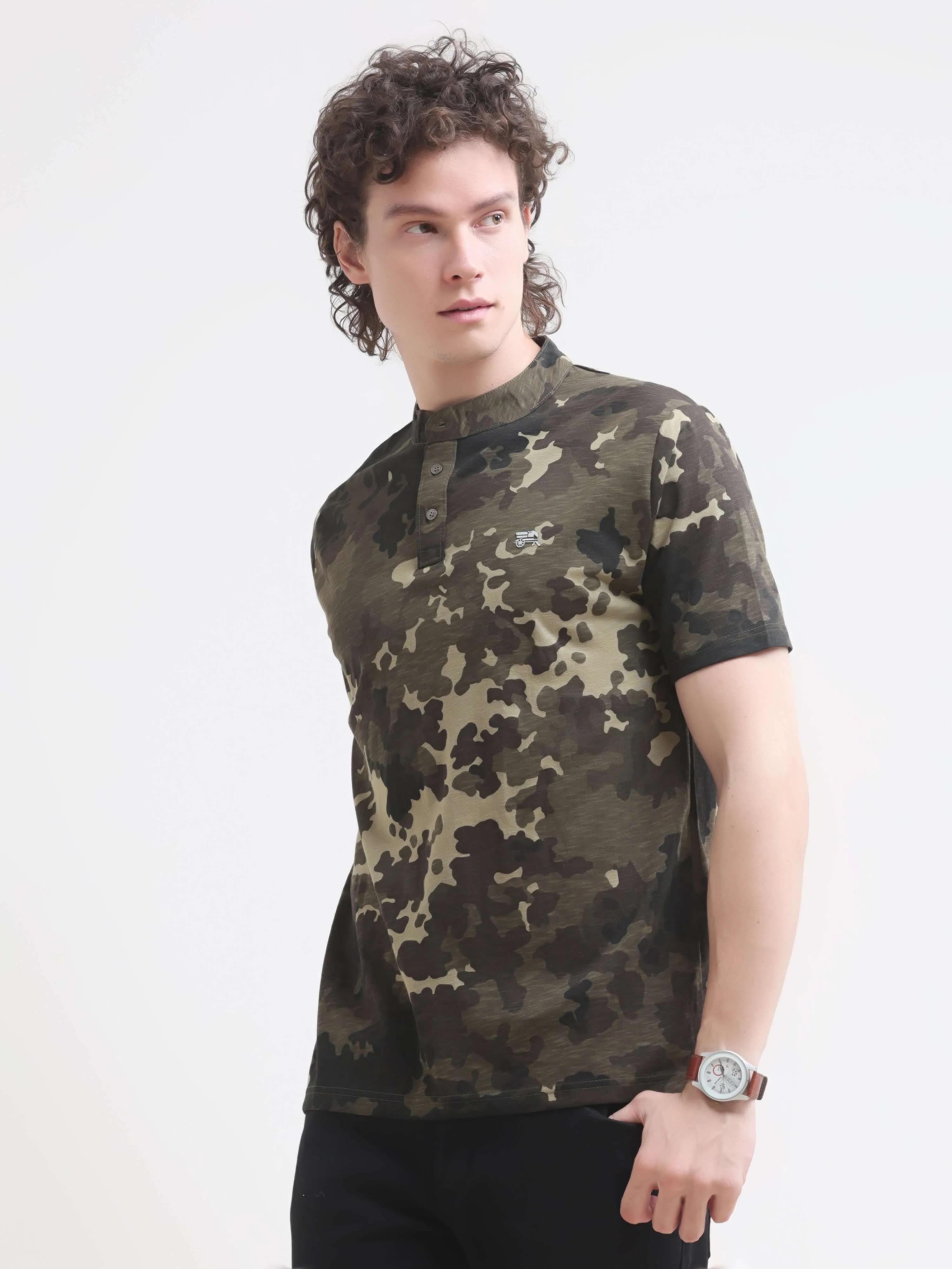 Camo OIive Henley T-shirt