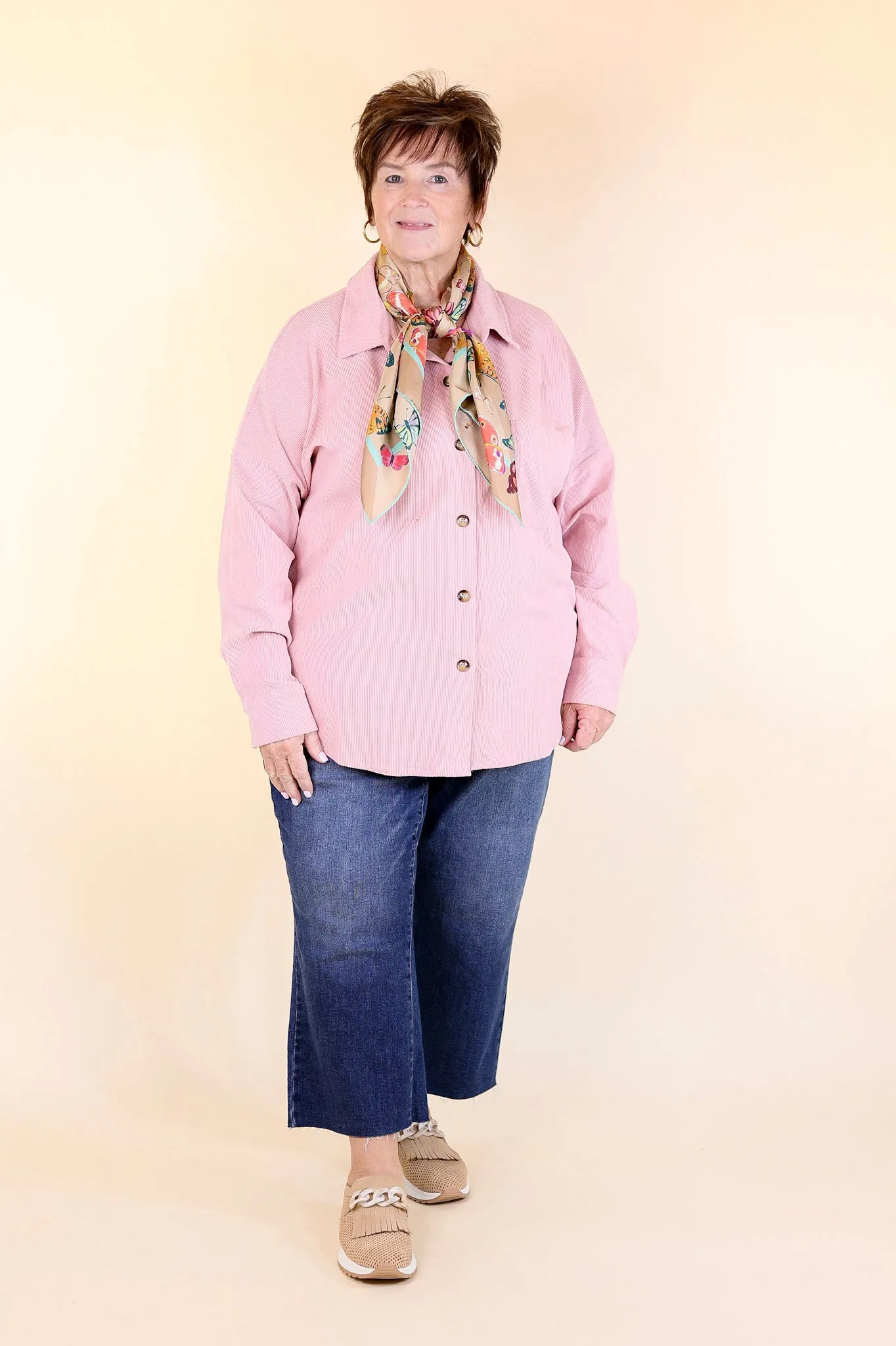 Captivating Cuteness Corduroy Button Up Shacket in Light Pink