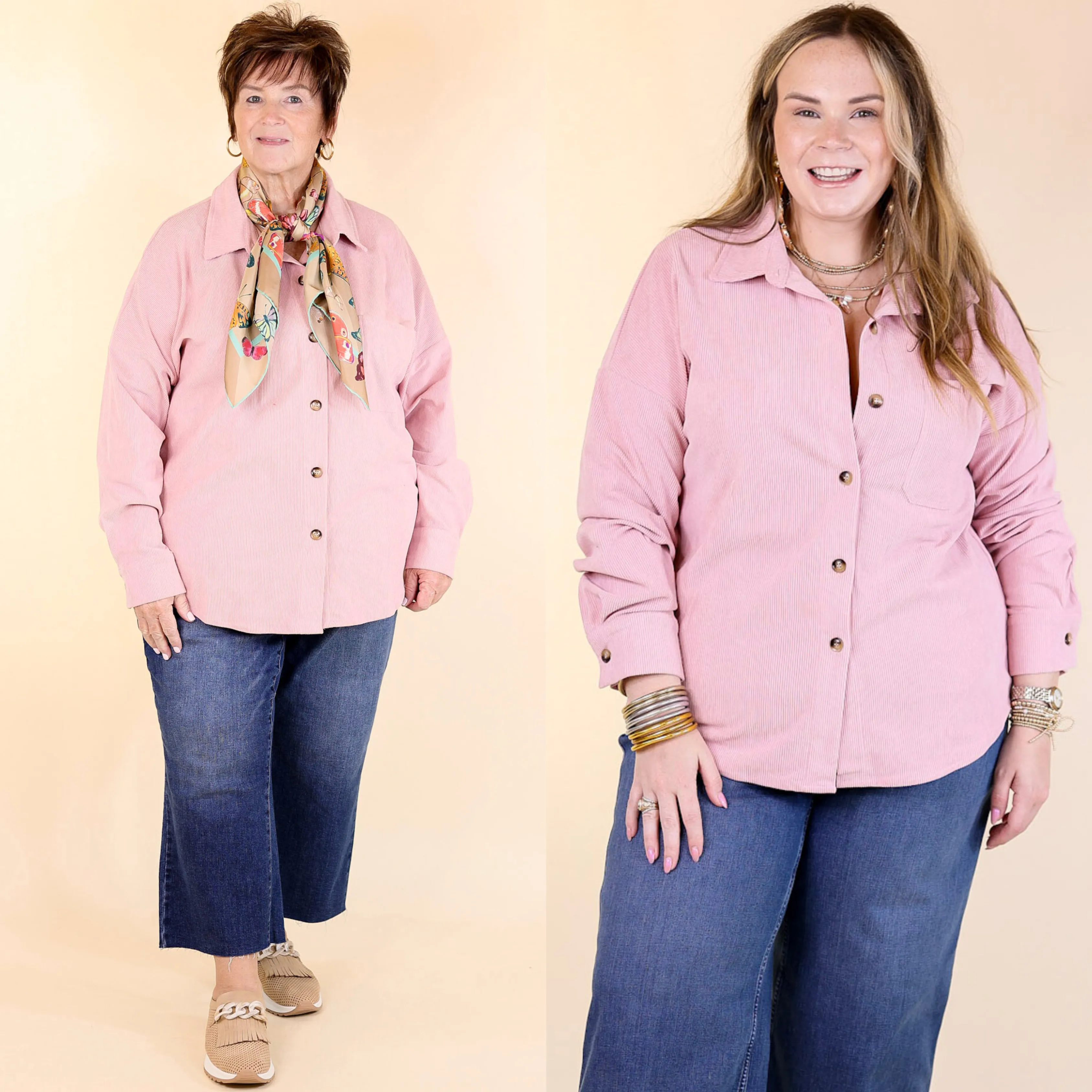 Captivating Cuteness Corduroy Button Up Shacket in Light Pink