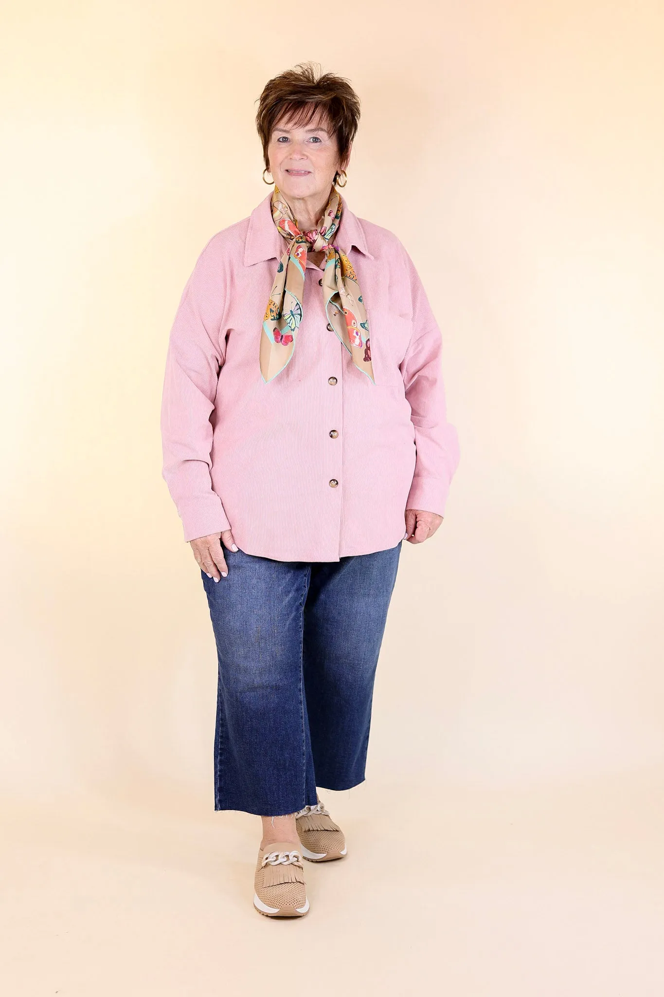 Captivating Cuteness Corduroy Button Up Shacket in Light Pink