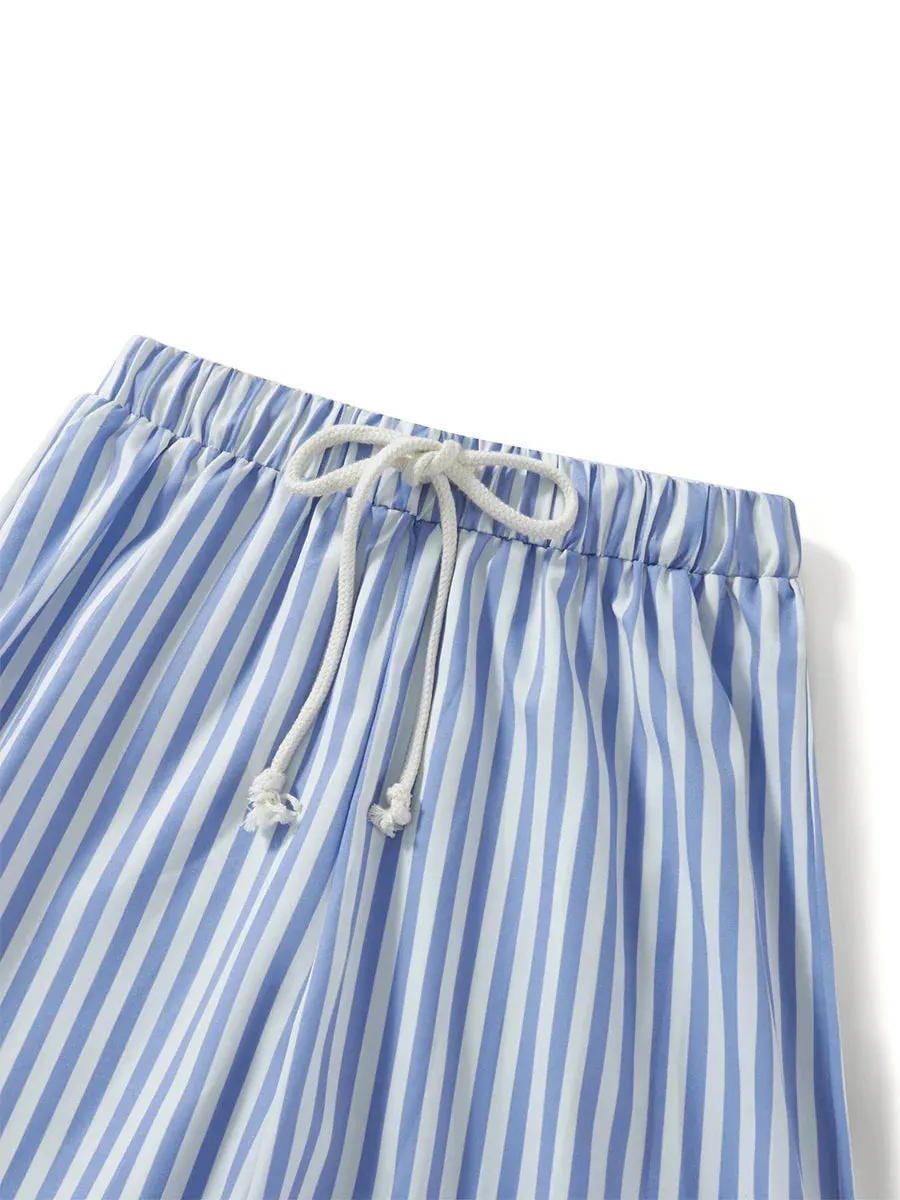 Casual Loose Fitting Elastic Wide Striped Drawstring Long Pants