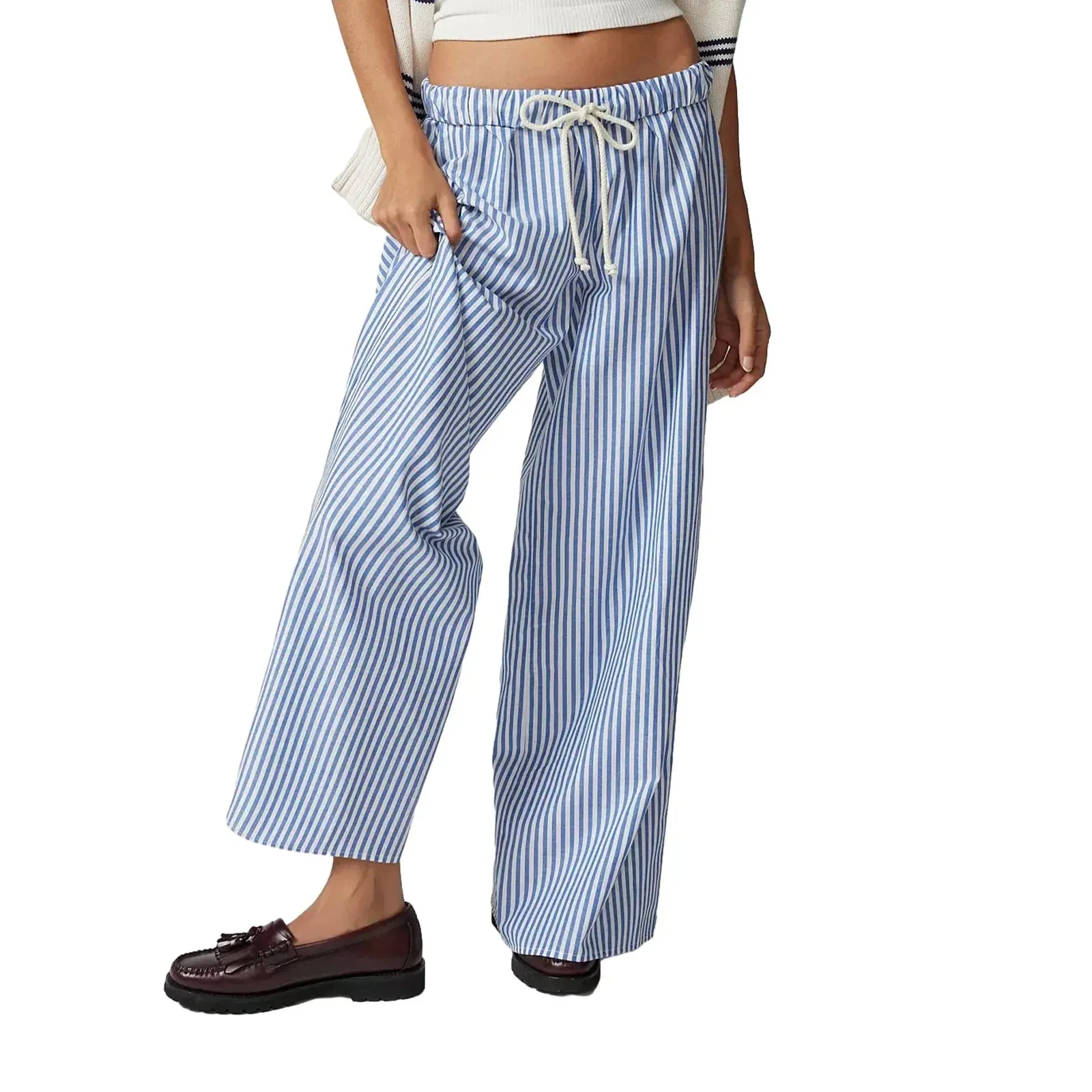 Casual Loose Fitting Elastic Wide Striped Drawstring Long Pants