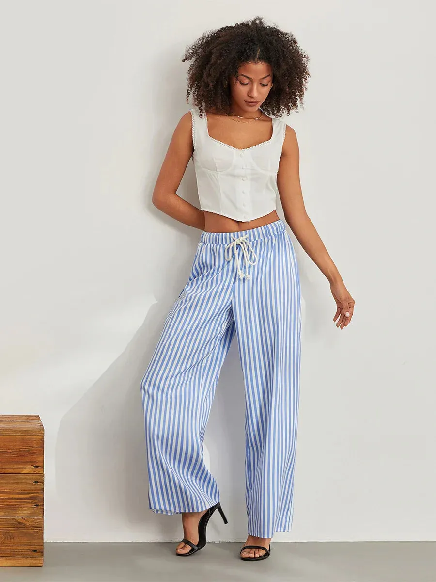 Casual Loose Fitting Elastic Wide Striped Drawstring Long Pants