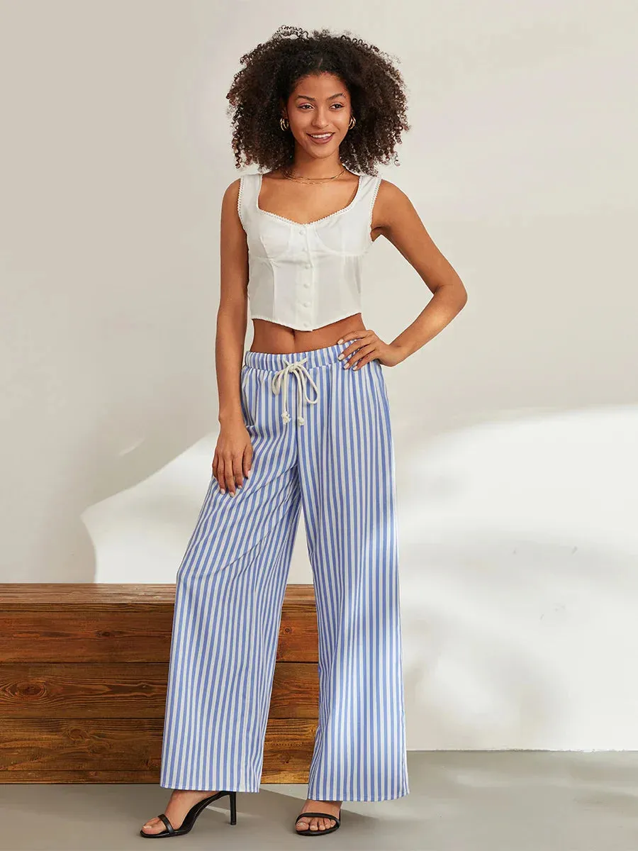 Casual Loose Fitting Elastic Wide Striped Drawstring Long Pants