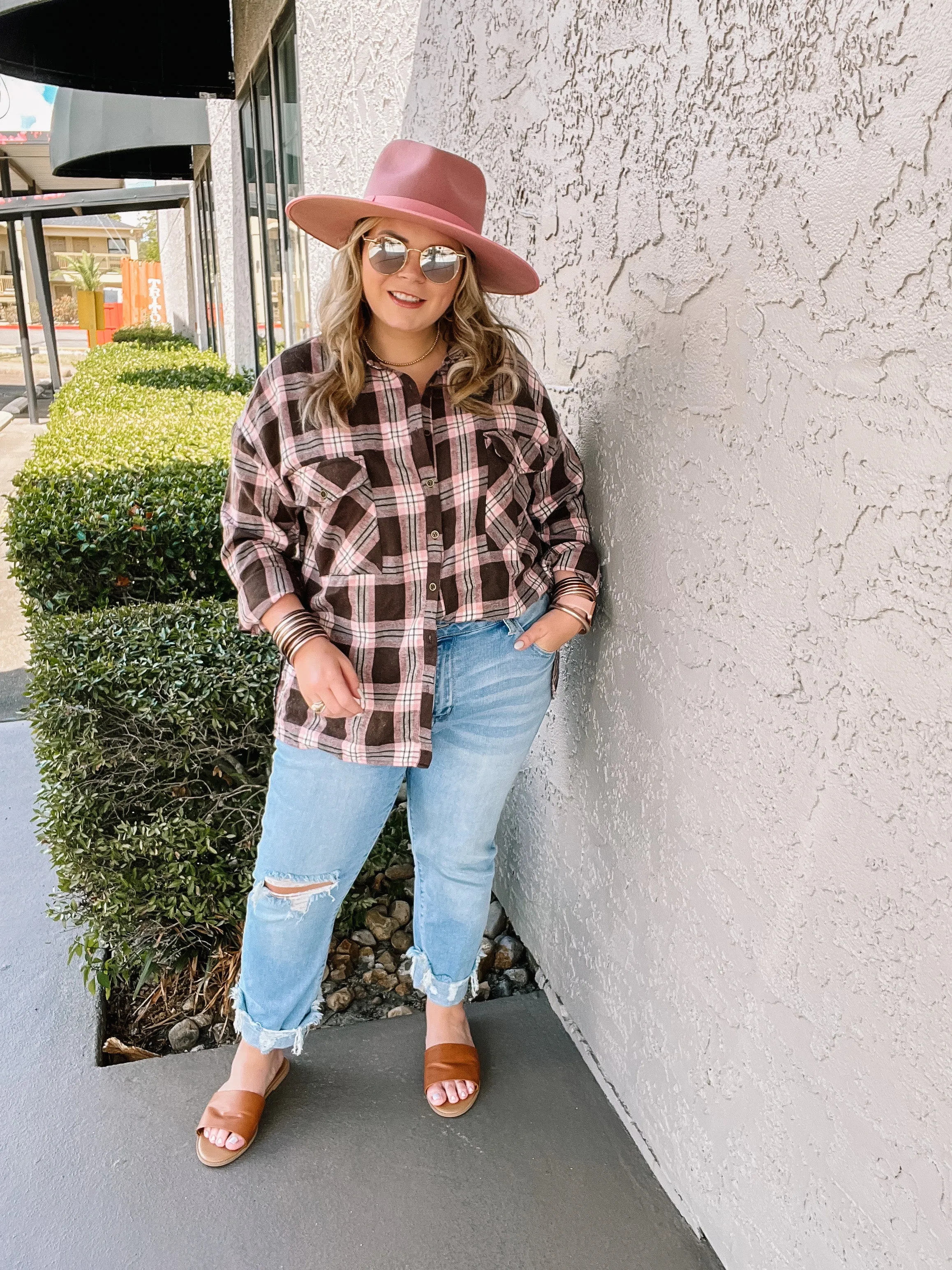 Cheery Mood Button Up Plaid Flannel Top in Pink and Brown