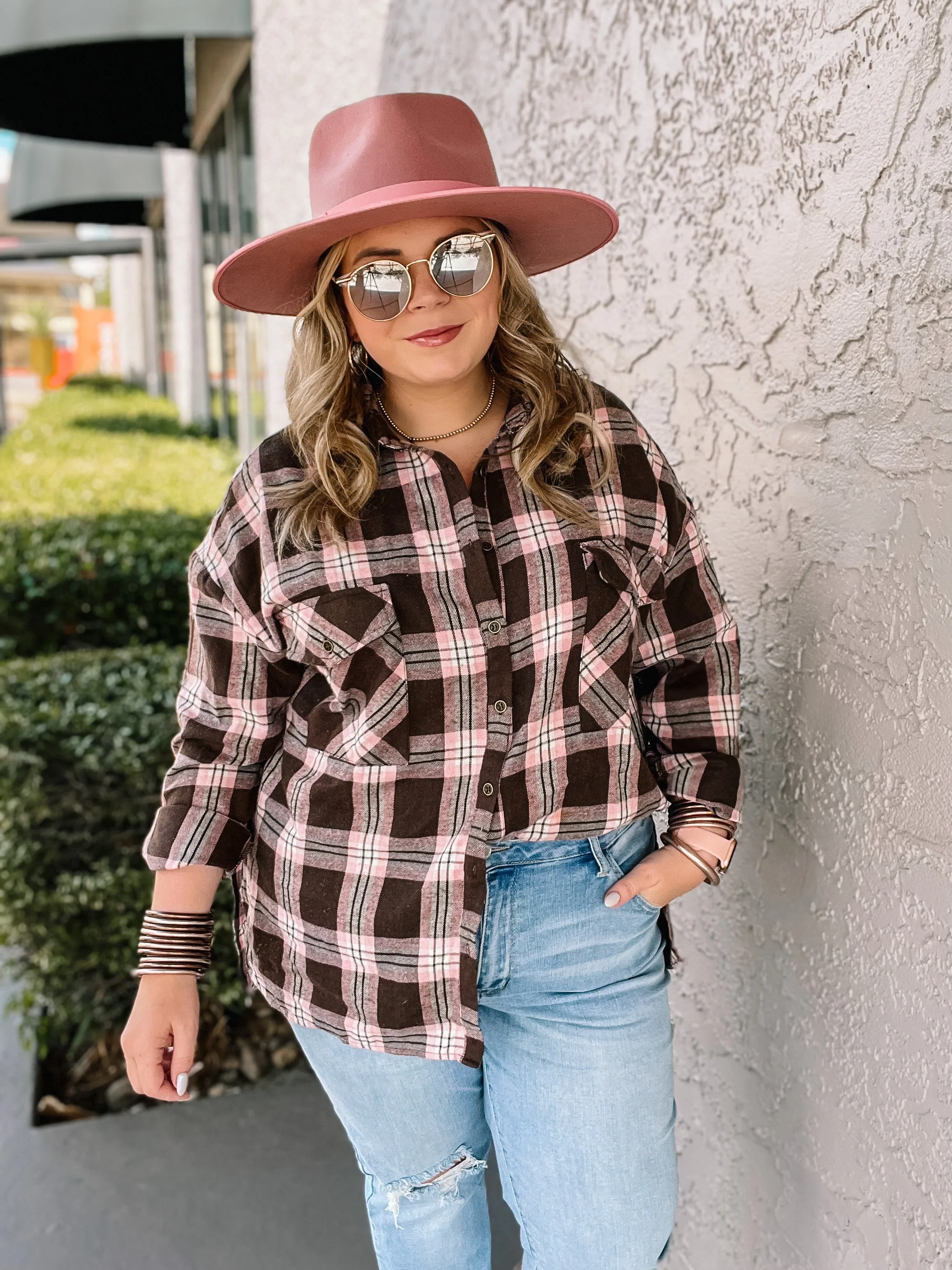 Cheery Mood Button Up Plaid Flannel Top in Pink and Brown