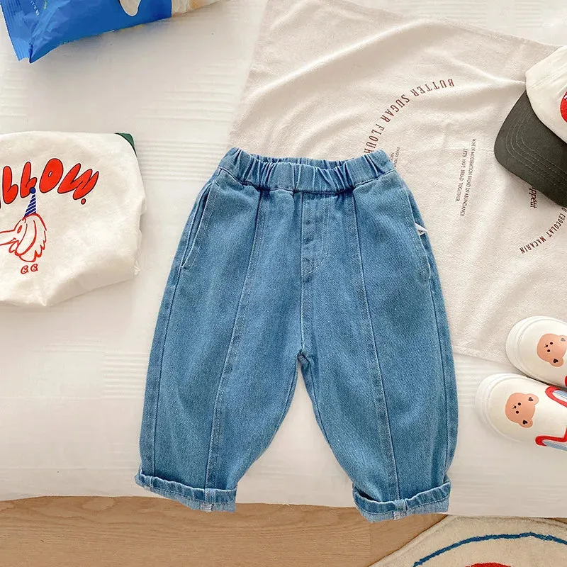 Children Jeans 1-7Years Toddler Boy Girl Soft Denim Long Pants Elastic Waist Solid Color Harem Pant Trouser Autumn Clothes