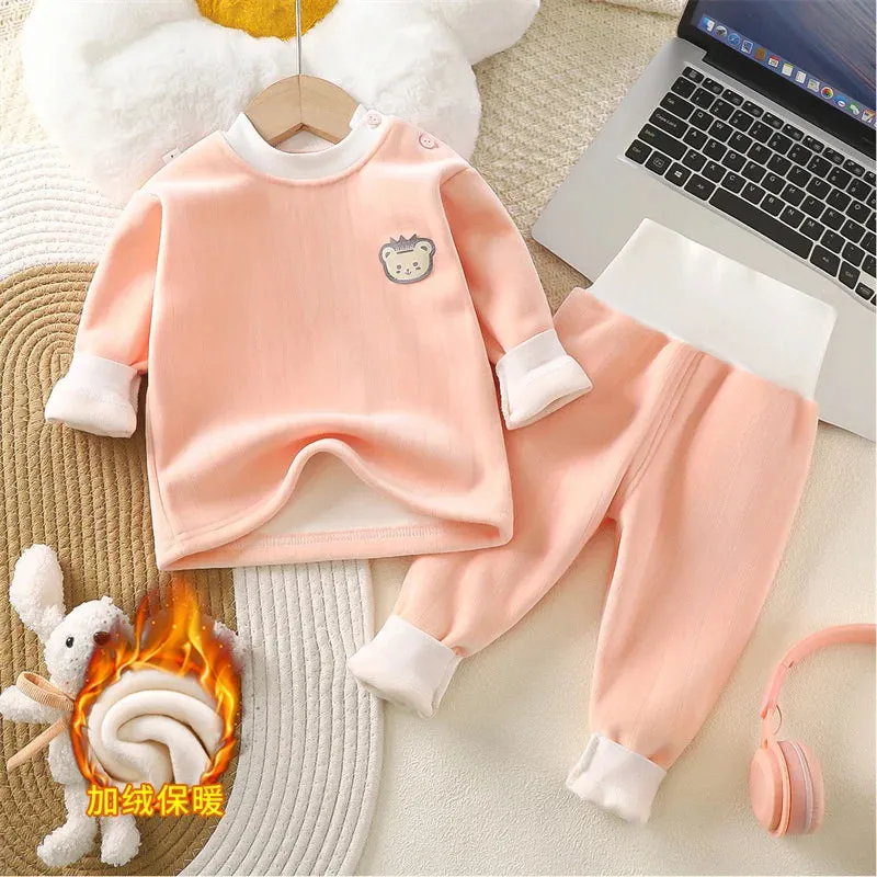 Children's Thermal Underwear Set Clothes Autumn Winter Baby Thickened Suit Boy Girl Plus Velvet Top Pants 2Pcs Outfits Clothing