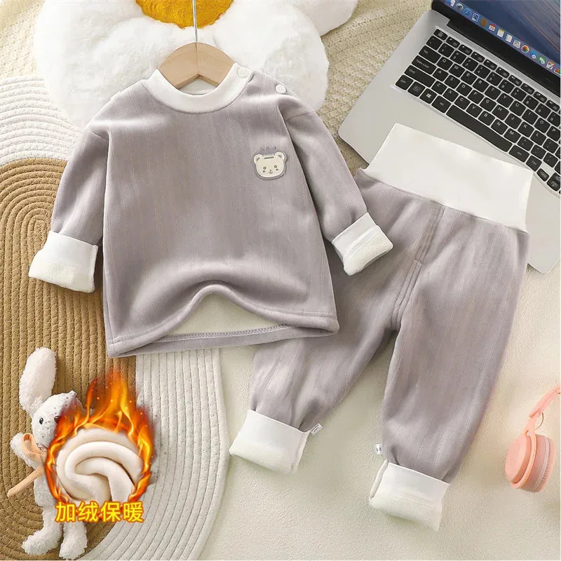 Children's Thermal Underwear Set Clothes Autumn Winter Baby Thickened Suit Boy Girl Plus Velvet Top Pants 2Pcs Outfits Clothing