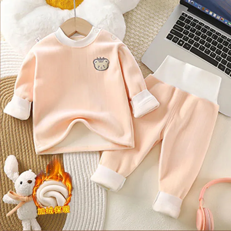 Children's Thermal Underwear Set Clothes Autumn Winter Baby Thickened Suit Boy Girl Plus Velvet Top Pants 2Pcs Outfits Clothing