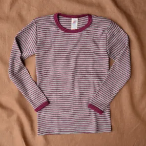 Child's Long Sleeve Top - Wool/Silk - Grey/Orchid Stripes (3-12y) *Limited Edition