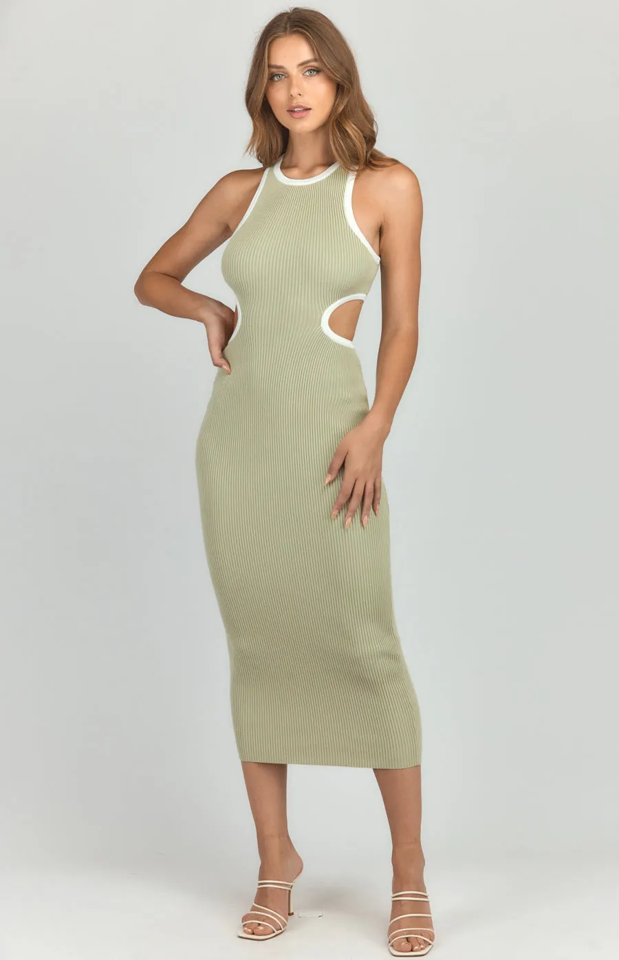 Contrast Binding Side Cut Out Detail Midi Dress