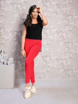 Cotton Light Red Solid Lycra Women Pants