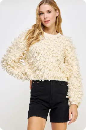 Cream Knitted Fringe Shaggy Sweater