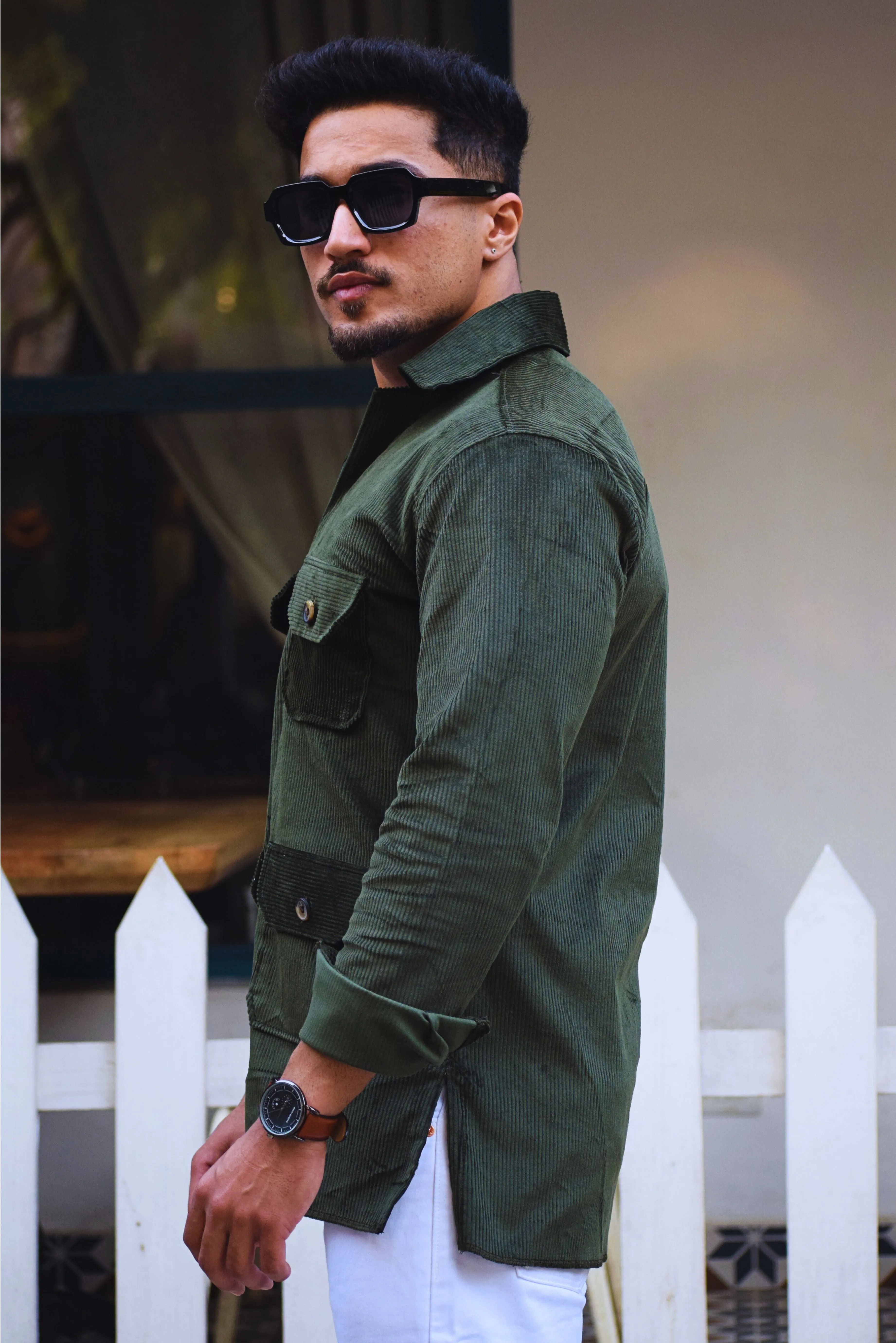 Dark-Green Corduroy Hunting Shacket for Men