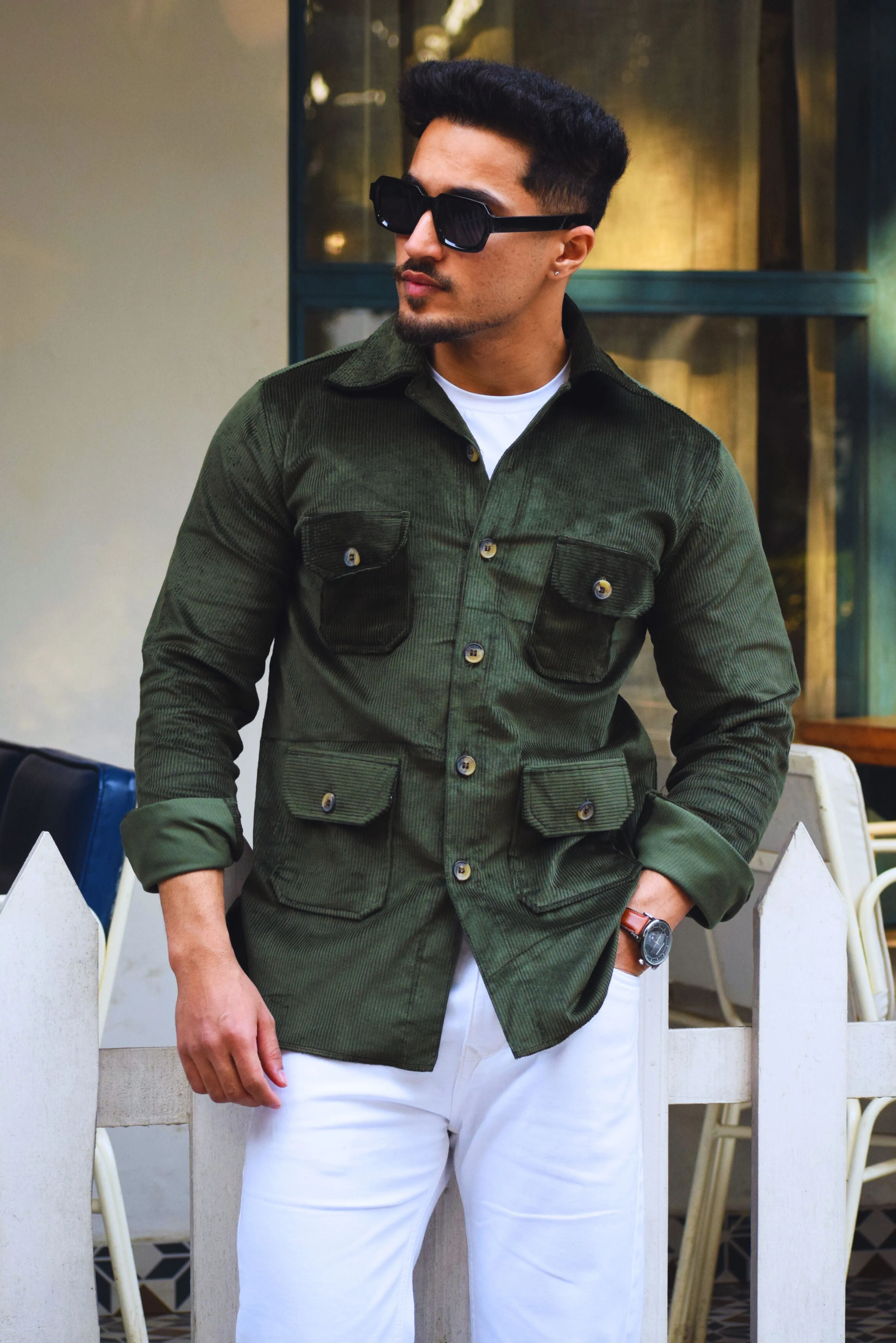 Dark-Green Corduroy Hunting Shacket for Men