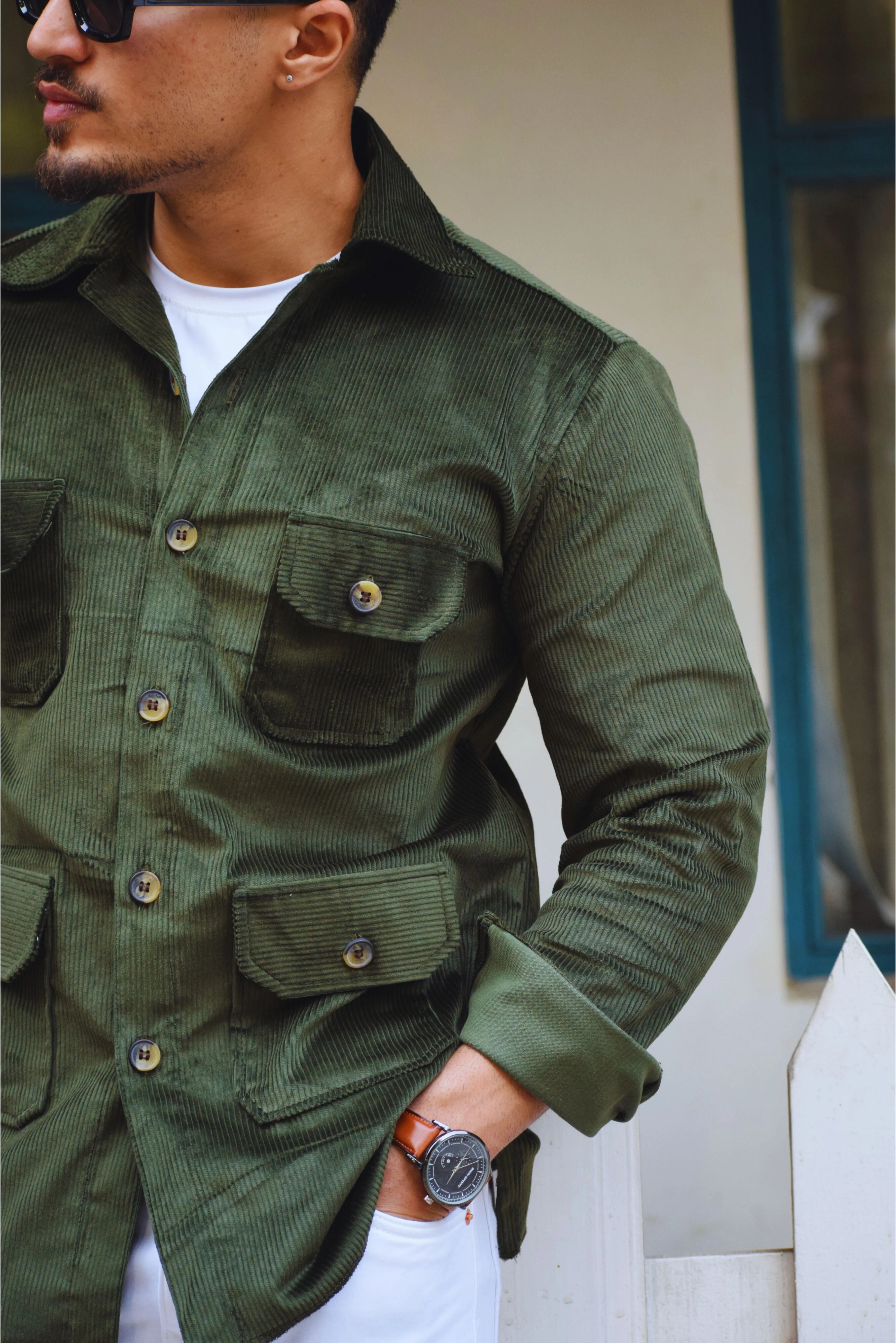 Dark-Green Corduroy Hunting Shacket for Men