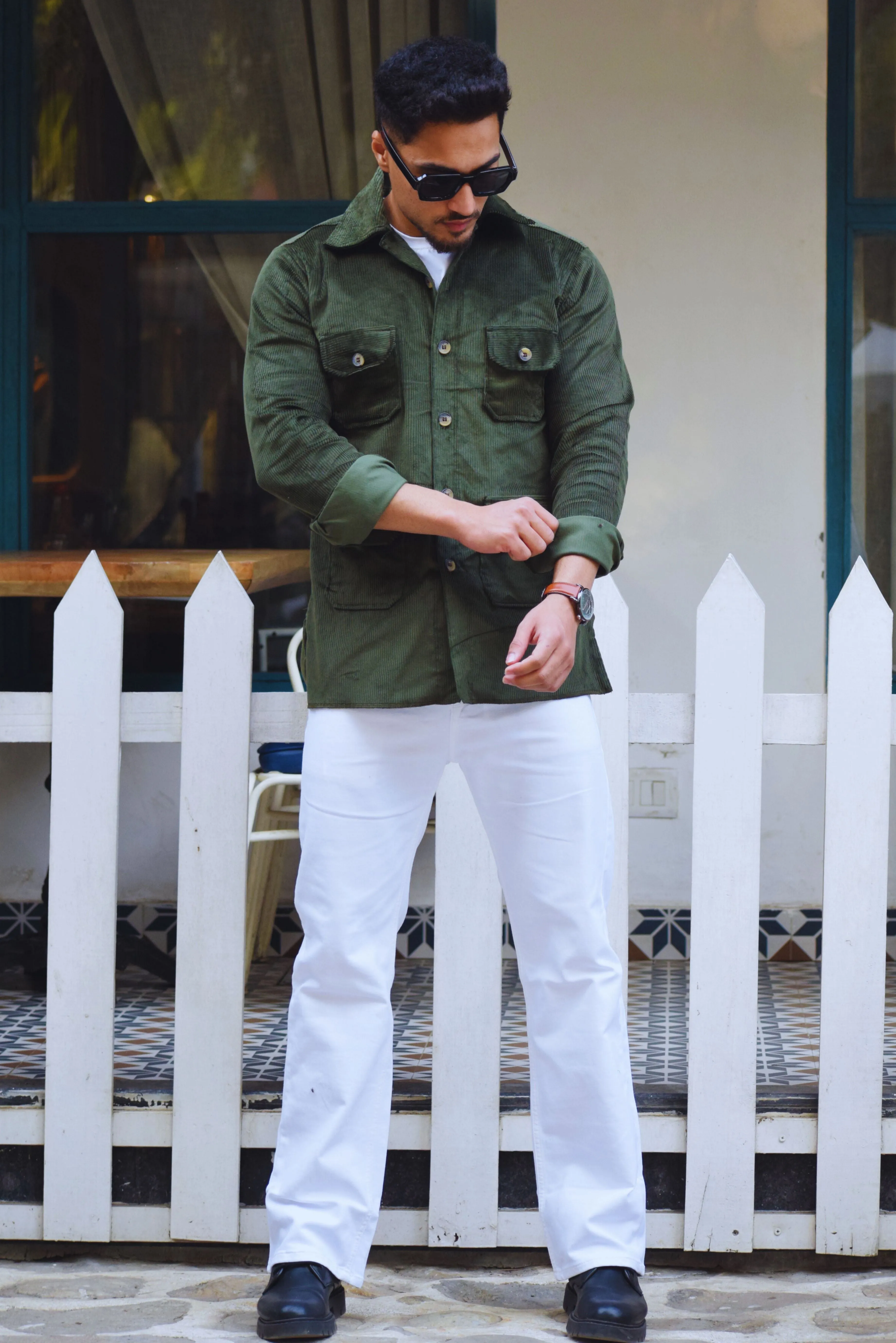 Dark-Green Corduroy Hunting Shacket for Men