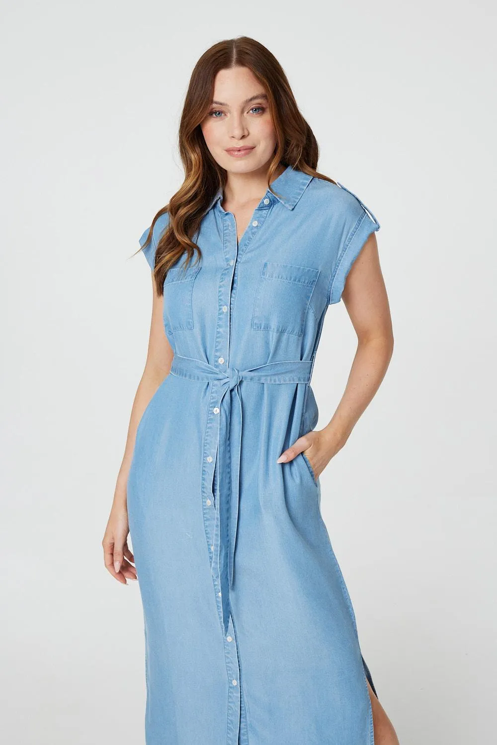 Denim Side Split Midi Shirt Dress