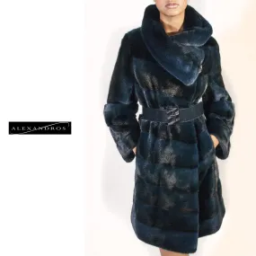 Diagonal Mink Coat with Belt and Full Collar