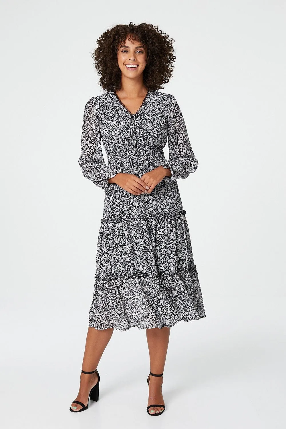 Ditsy Print Tiered Midi Dress