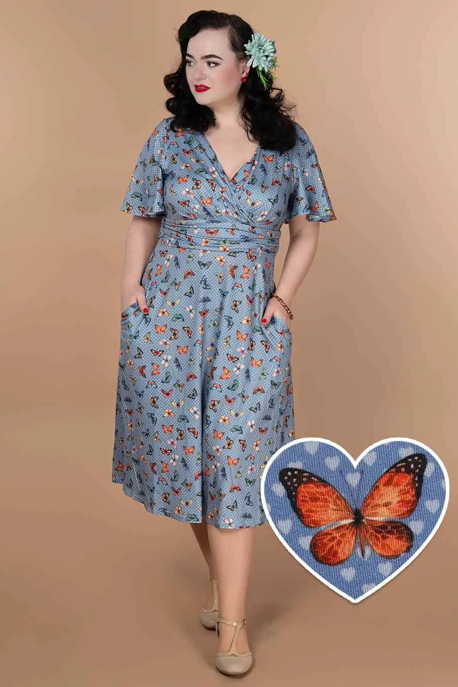 Donna Blue Butterfly Polka Dot Tea Dress