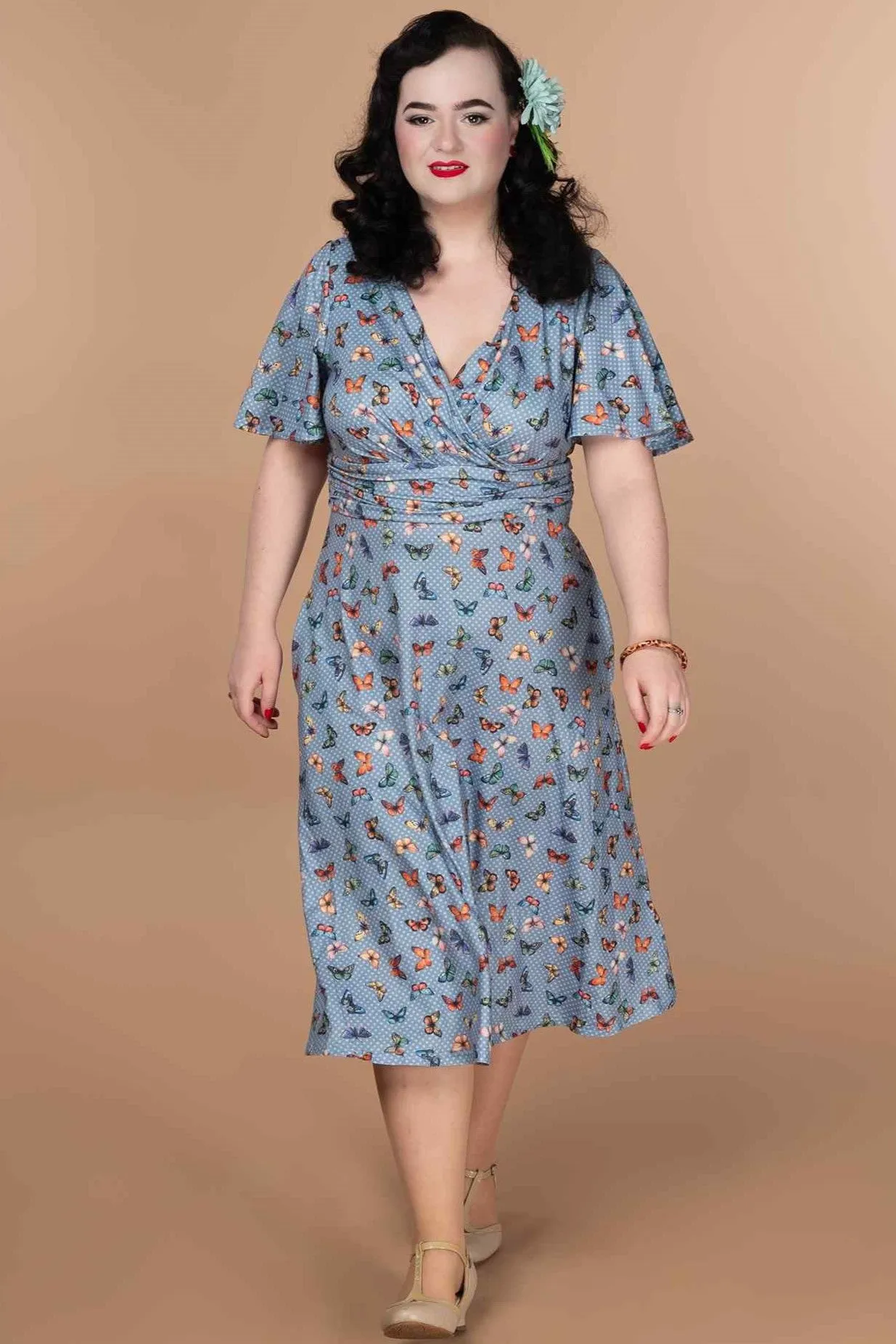 Donna Blue Butterfly Polka Dot Tea Dress