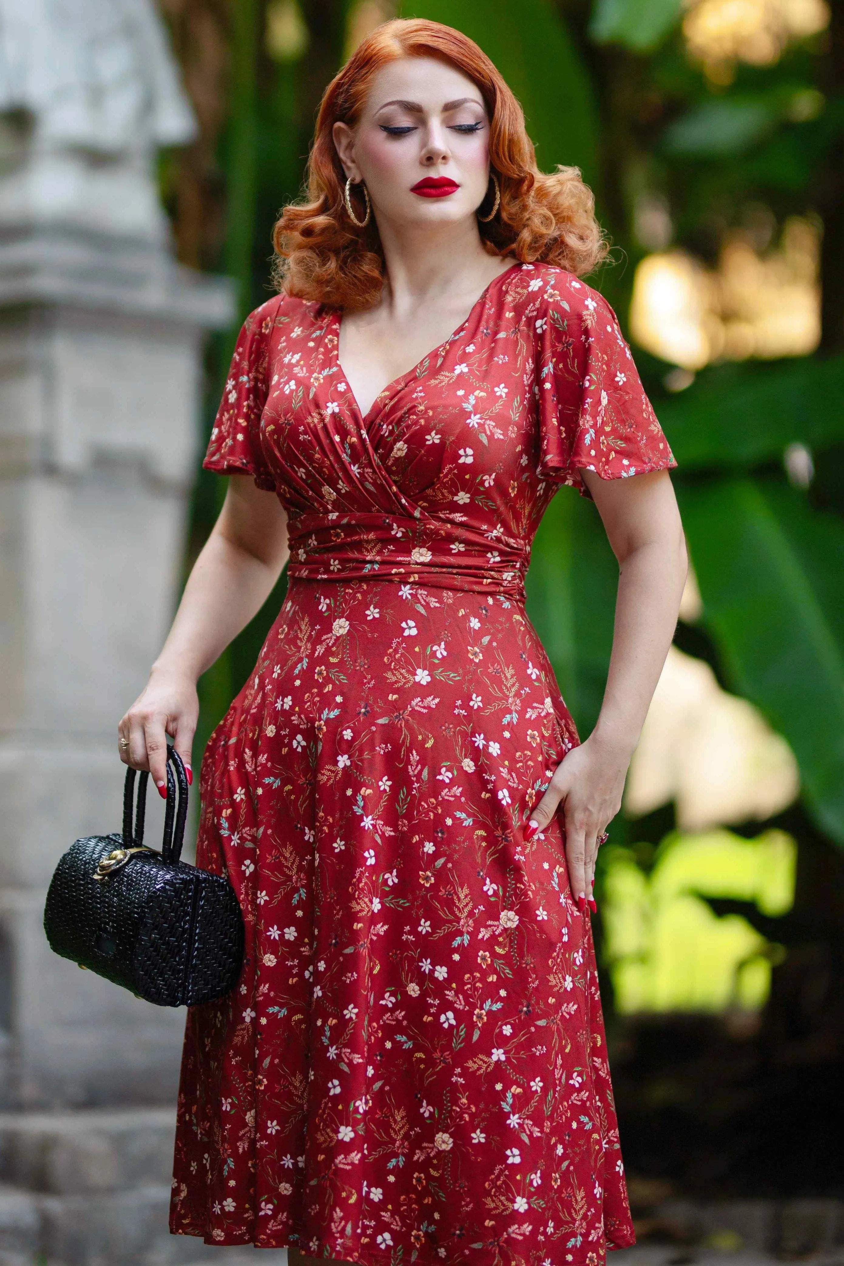 Donna Burgundy Dainty Floral Tea Dress