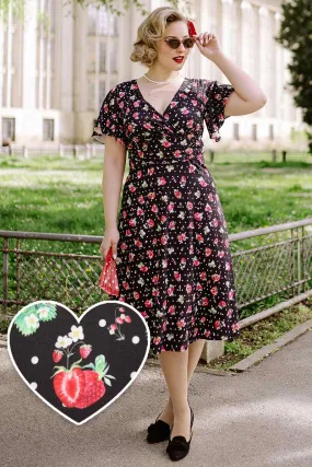 Donna Crossover Bust Black Strawberry Dress